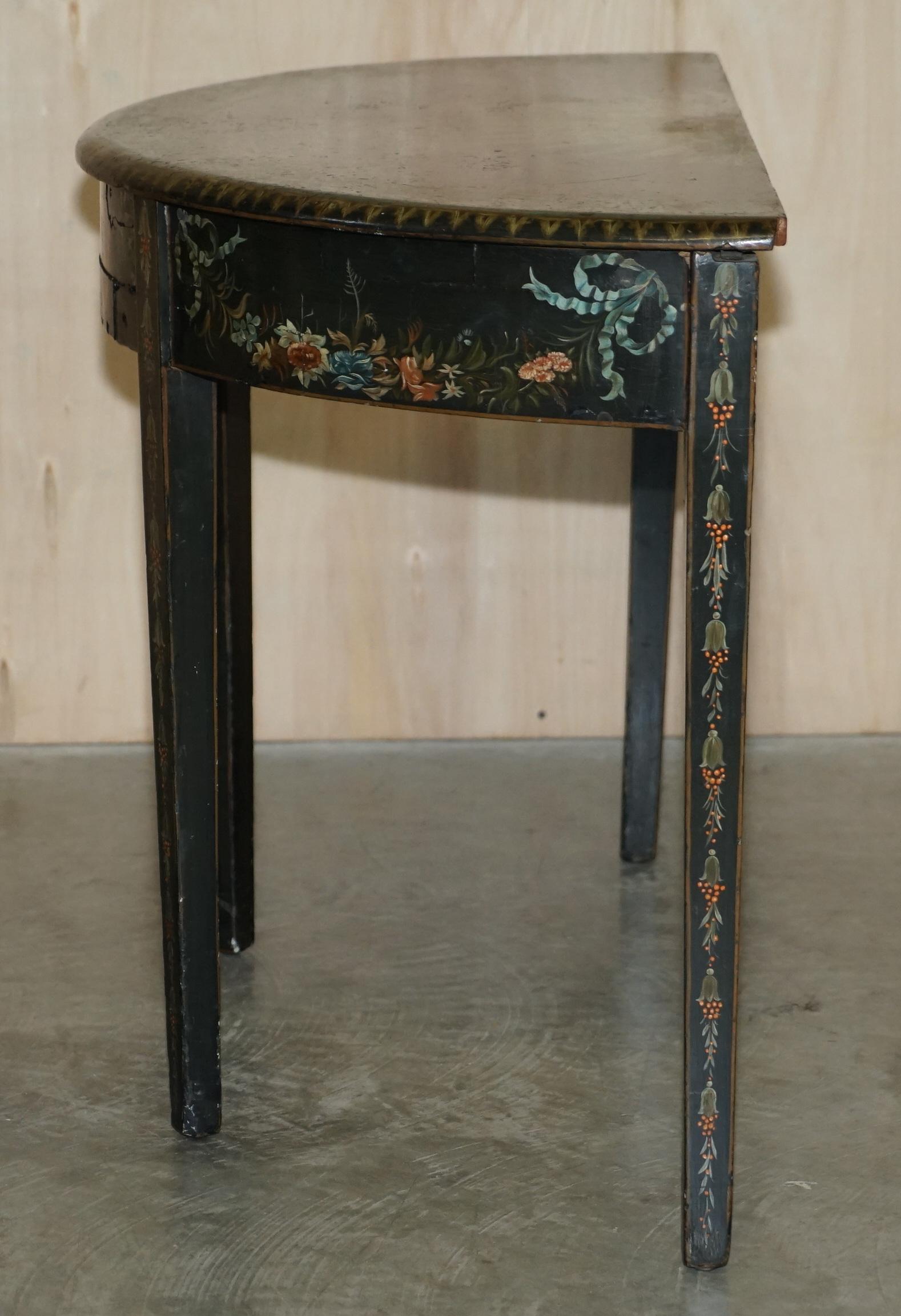 Fine 18th Century circa 1760 Hand Polychrome Painted Demi Lune Console Table For Sale 8
