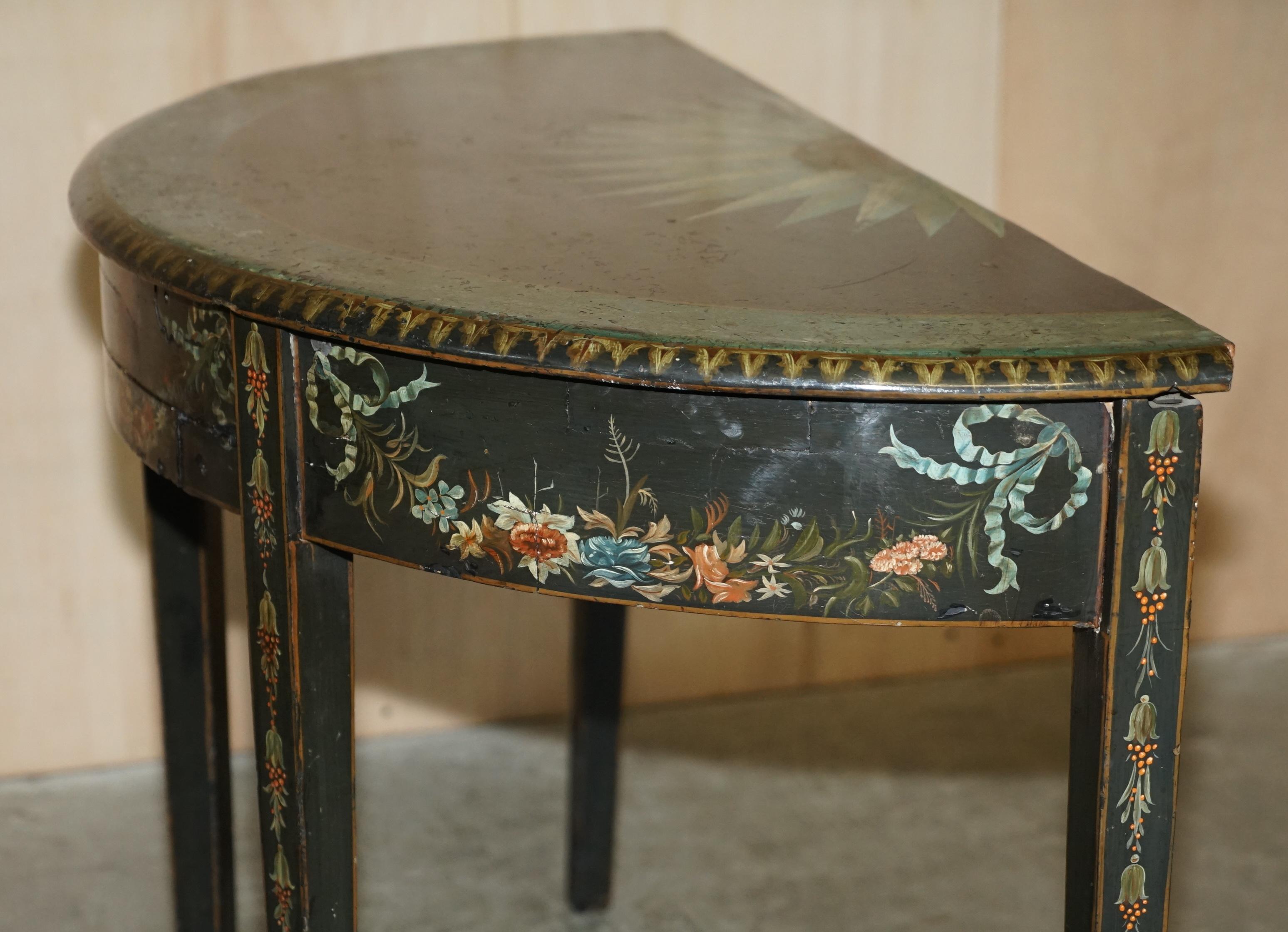 Fine 18th Century circa 1760 Hand Polychrome Painted Demi Lune Console Table For Sale 9