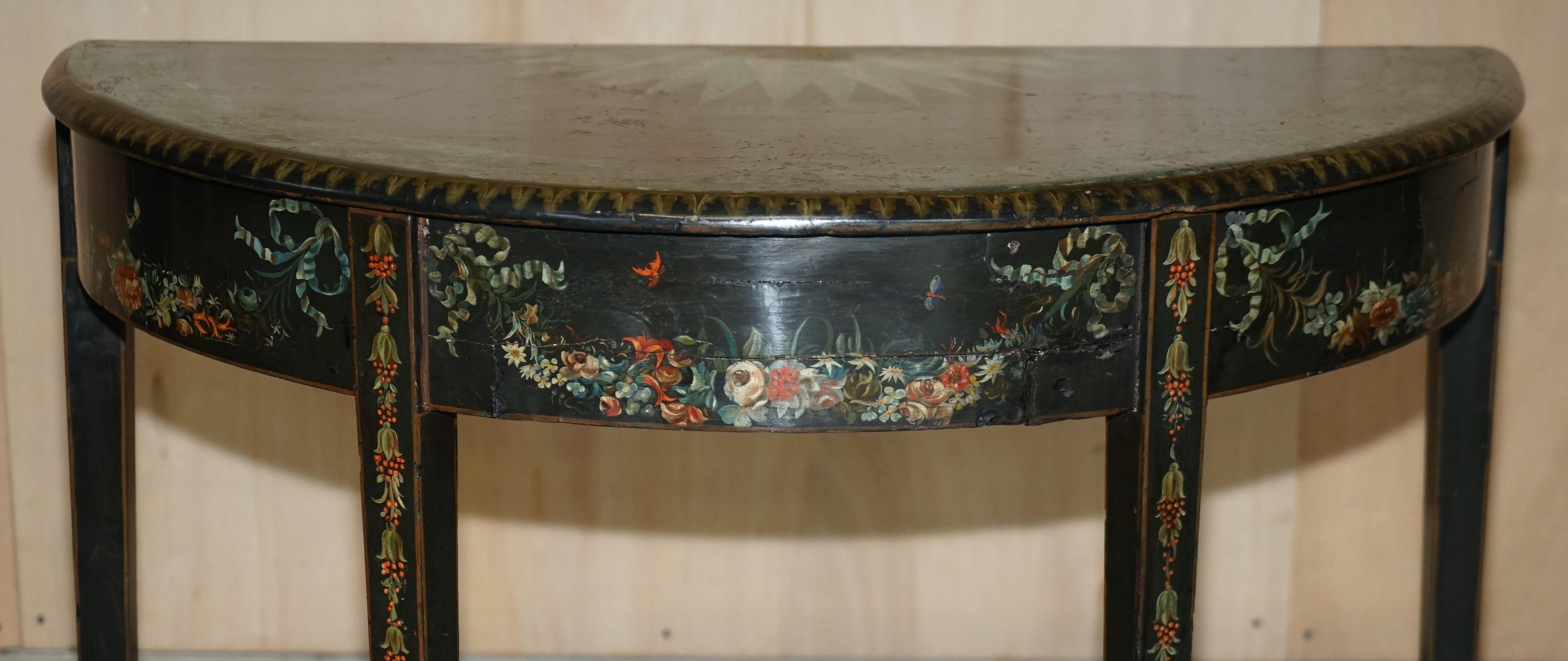 Pine Fine 18th Century circa 1760 Hand Polychrome Painted Demi Lune Console Table For Sale