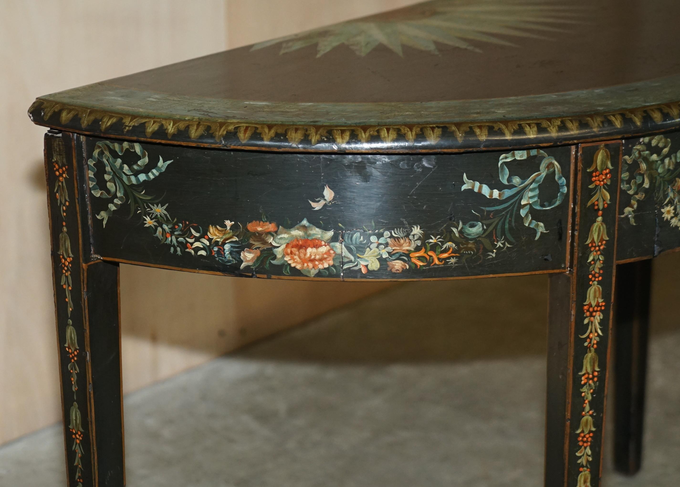 Fine 18th Century circa 1760 Hand Polychrome Painted Demi Lune Console Table For Sale 1