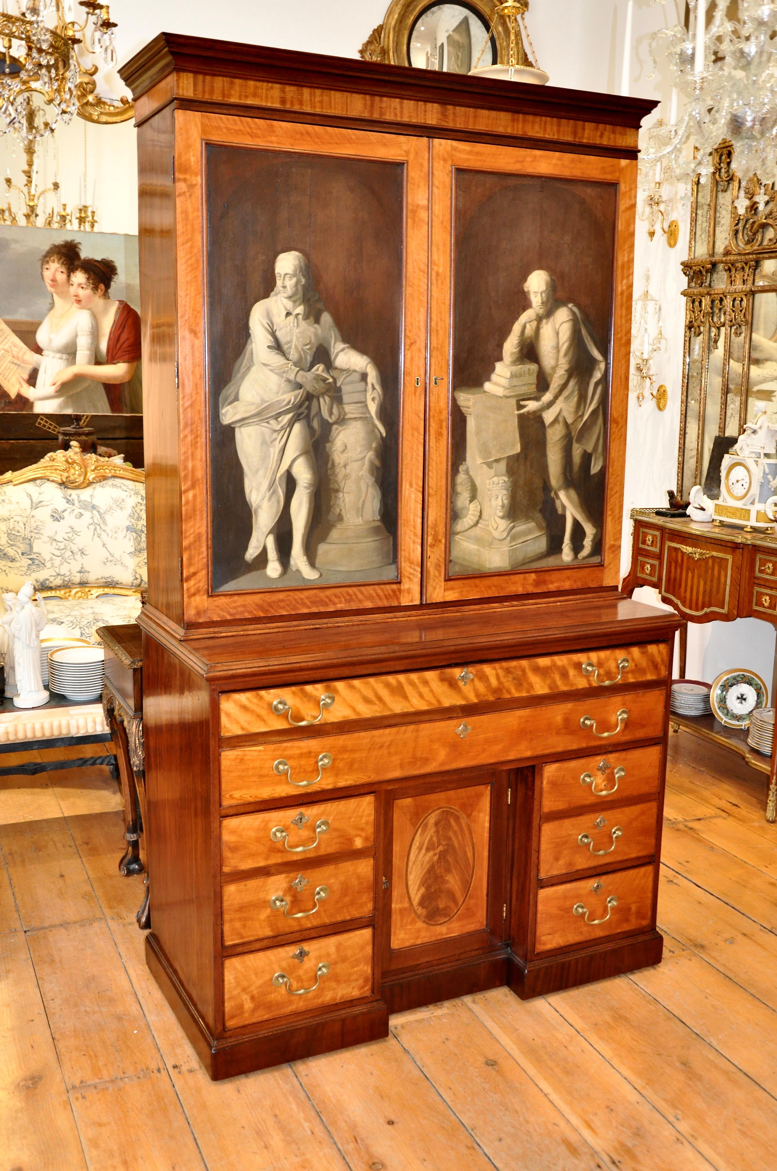 18th Century and Earlier Fine 18th Century George III Painted Mahogany and Satinwood Secretaire Cabinet