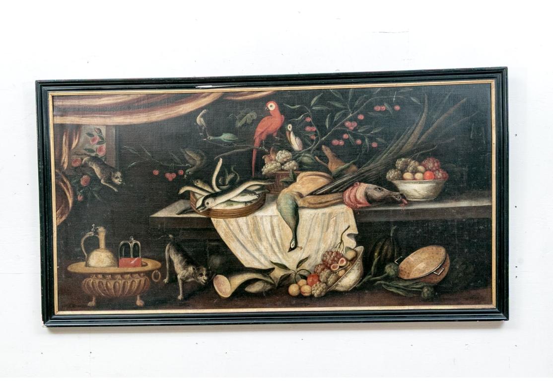 Huile sur toile représentant une nature morte avec du gibier, de la volaille et des fruits, vers le XVIIIe siècle ou avant. Elle montre une variété d'éléments, notamment du gibier et de la volaille (lièvre mort, paon et oiseaux exotiques), des