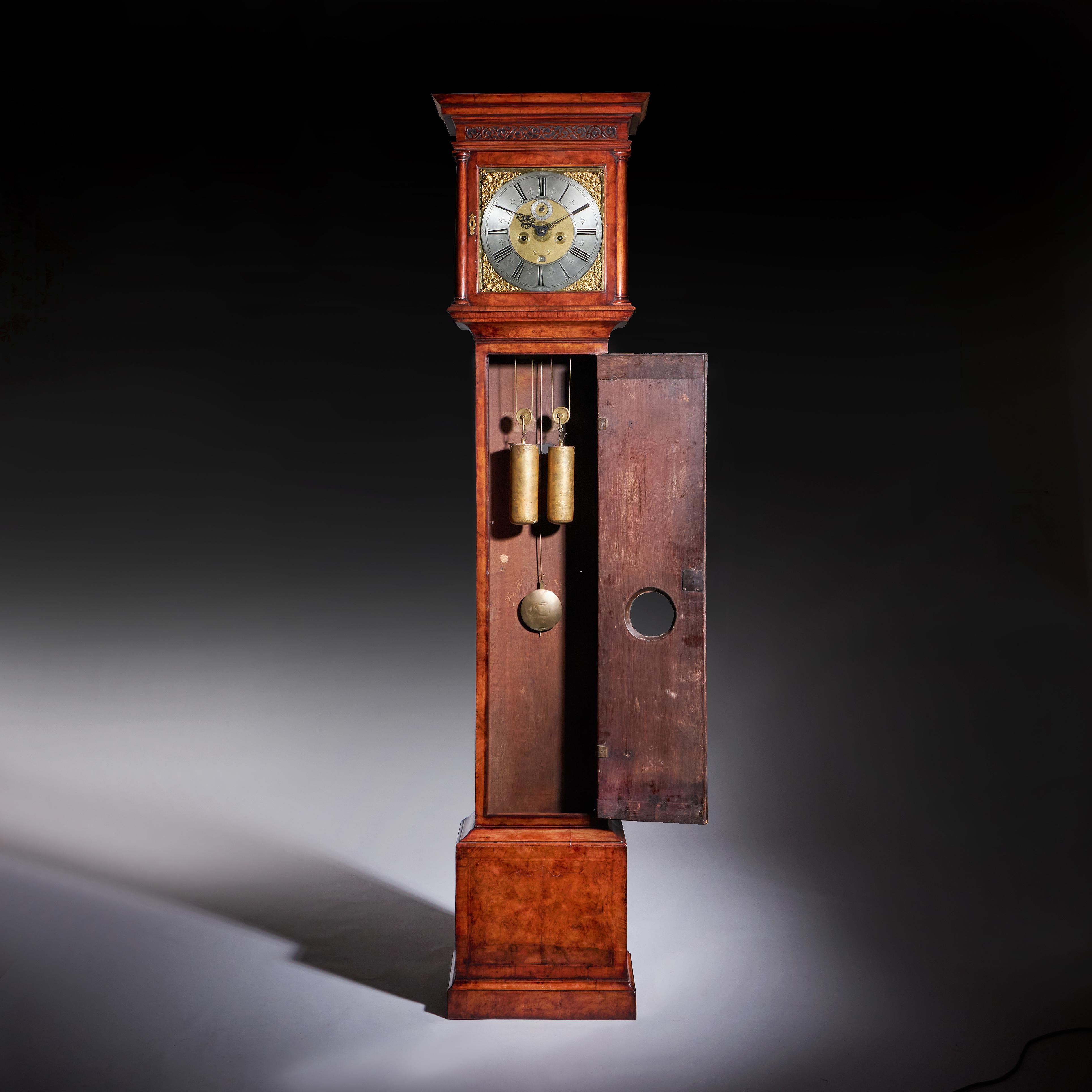 English Fine 18th Century Queen Anne Burr Walnut Eight-Day Longcase Clock For Sale