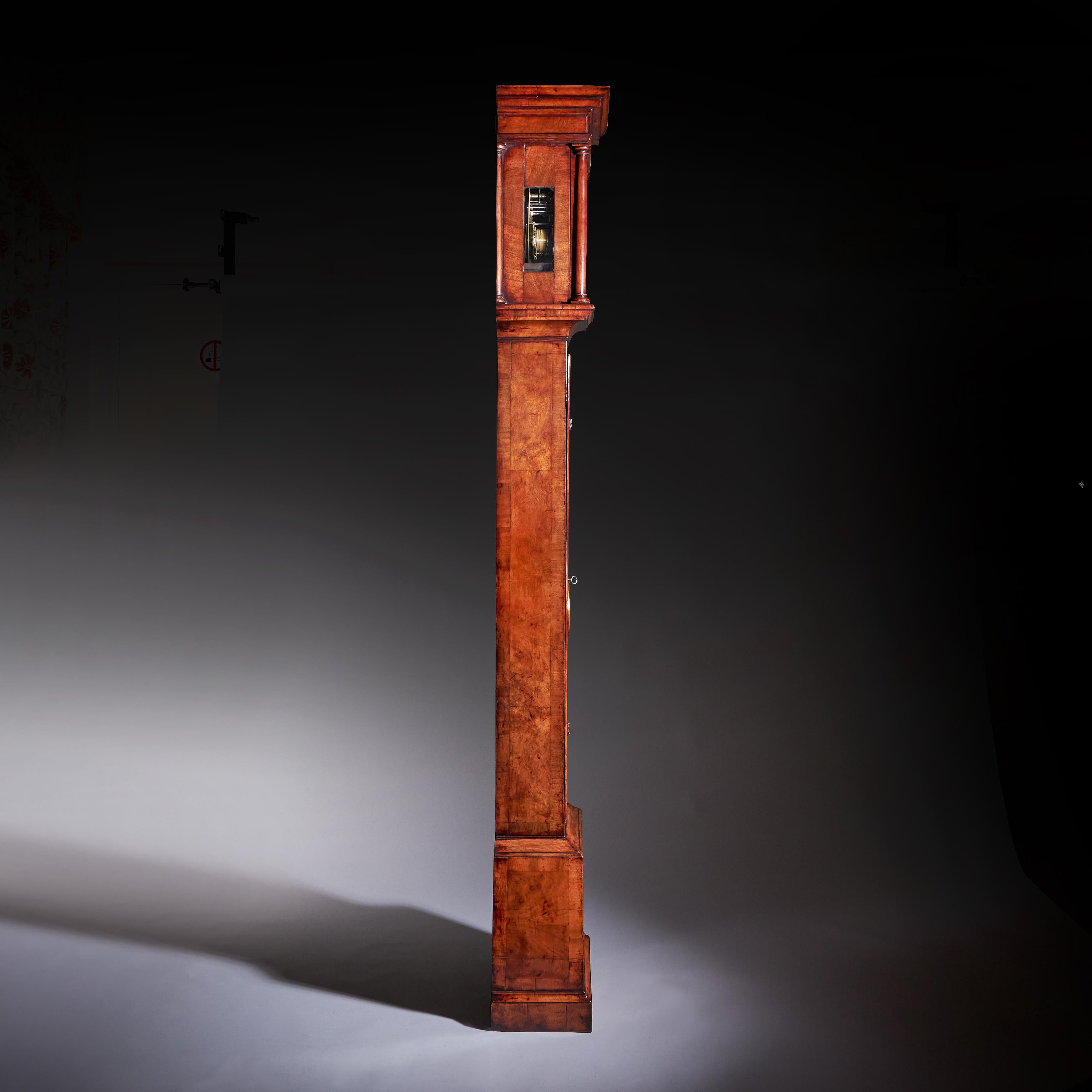 Brass Fine 18th Century Queen Anne Burr Walnut Eight-Day Longcase Clock For Sale