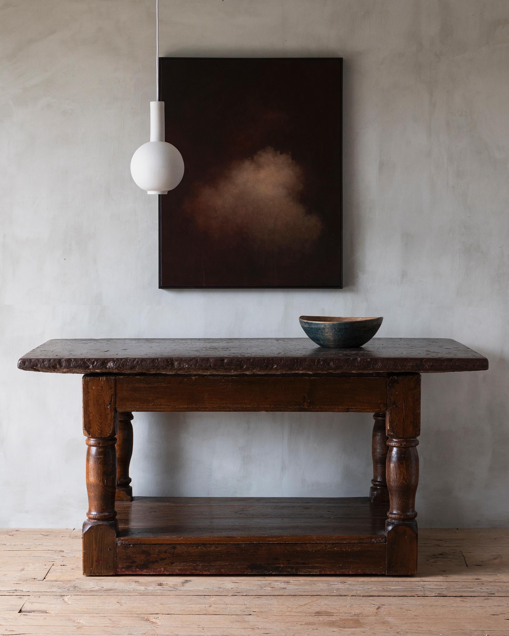 Fine and unusually large 18th century Swedish Baroque stone (Gotlands Stone) Table with amazing ware to the stone and nice patina on the wood. 