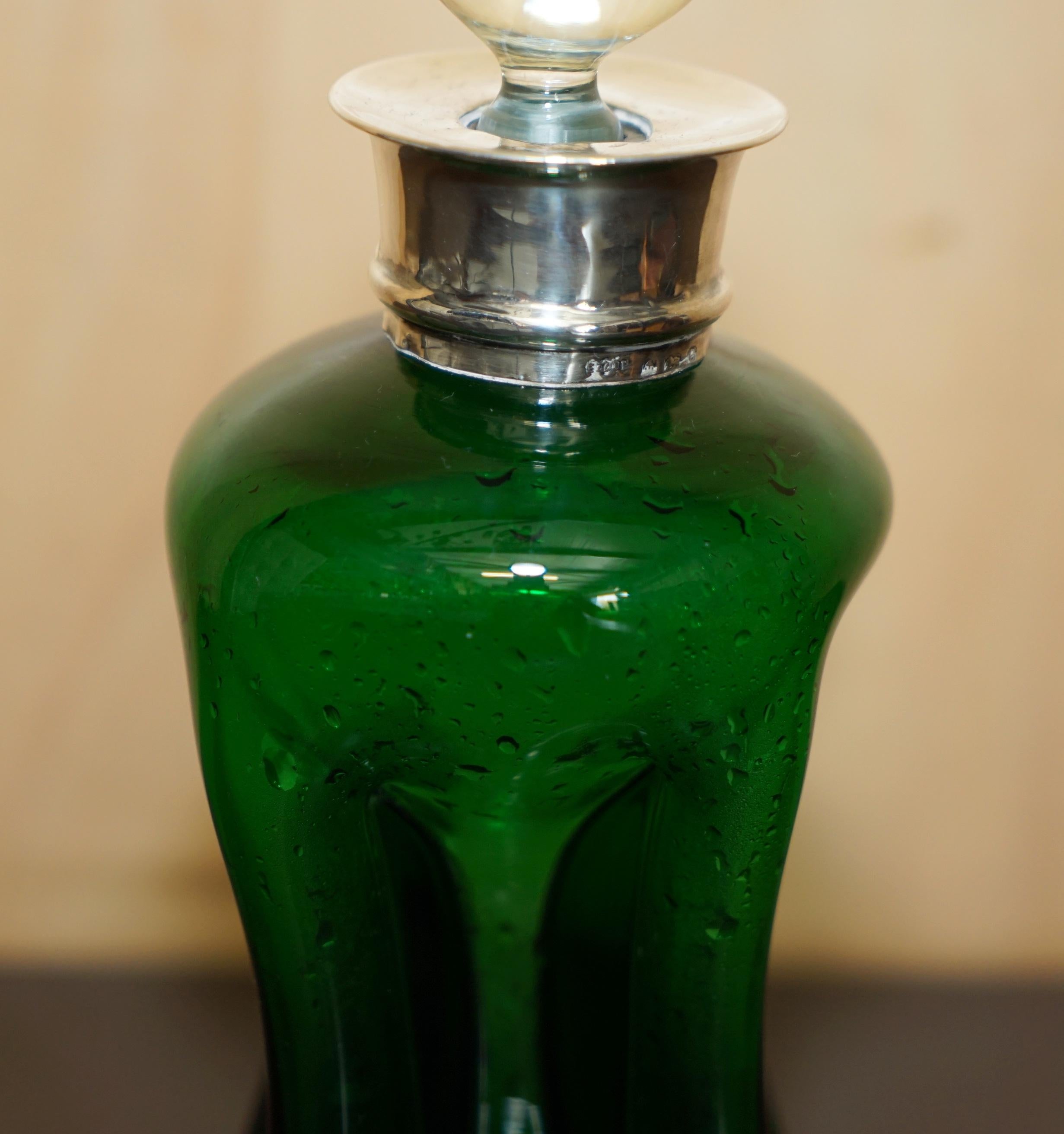 Early 20th Century FINE 1904 ANTIQUE GREEN WINE PORT SPIRIT DECANTER WiTH STERLING SILVER COLLAR For Sale