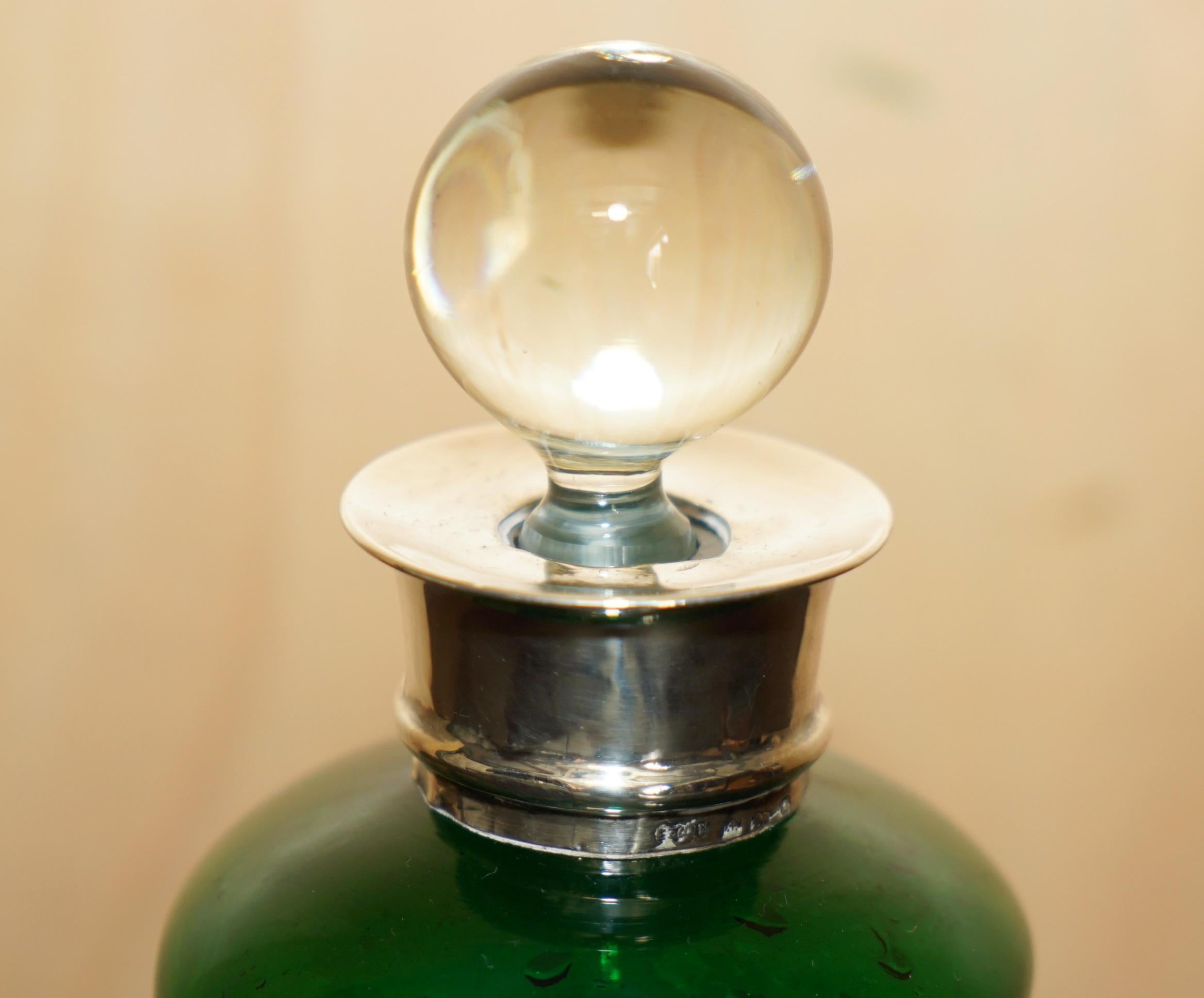 Sterling Silver FINE 1904 ANTIQUE GREEN WINE PORT SPIRIT DECANTER WiTH STERLING SILVER COLLAR For Sale