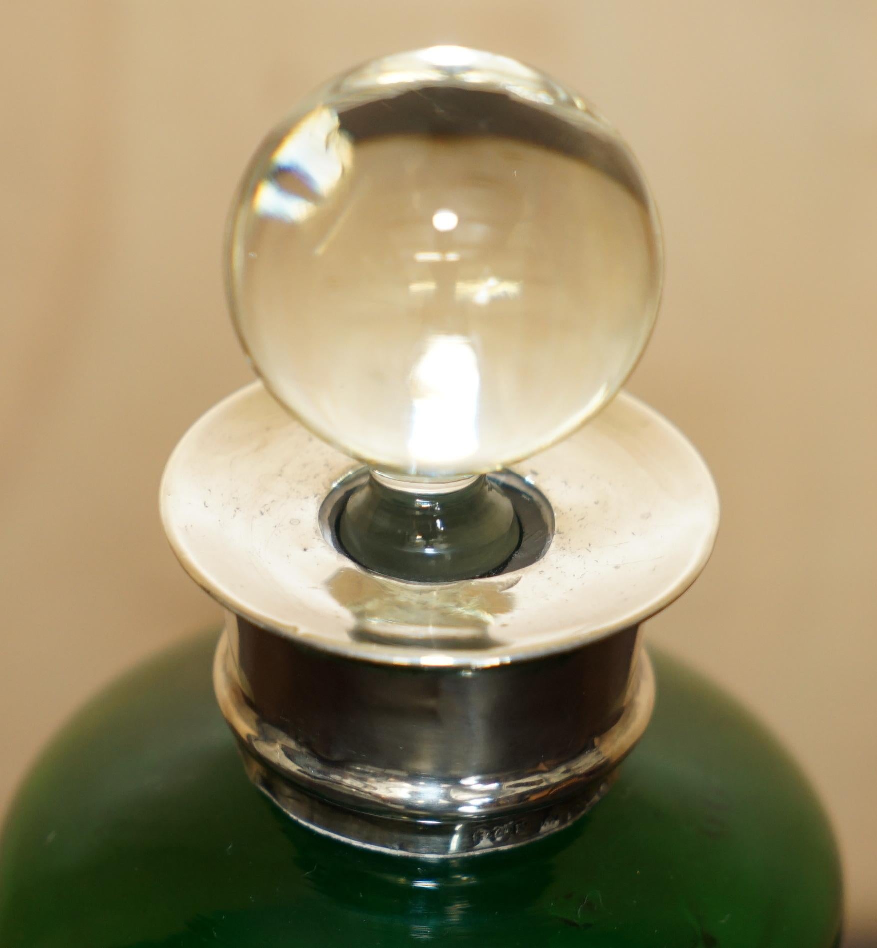 FINE 1904 ANTIQUE GREEN WINE PORT SPIRIT DECANTER WiTH STERLING SILVER COLLAR For Sale 1