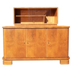 Fine 1940s Art Deco Burl Wood Bar Cabinet Display Pull Out Leather Table