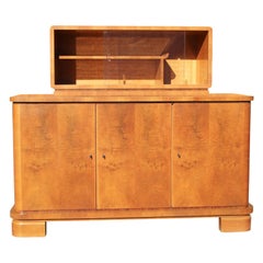 Fine 1940s Art Deco Burl Wood Bar Cabinet Display Pull Out Leather Table
