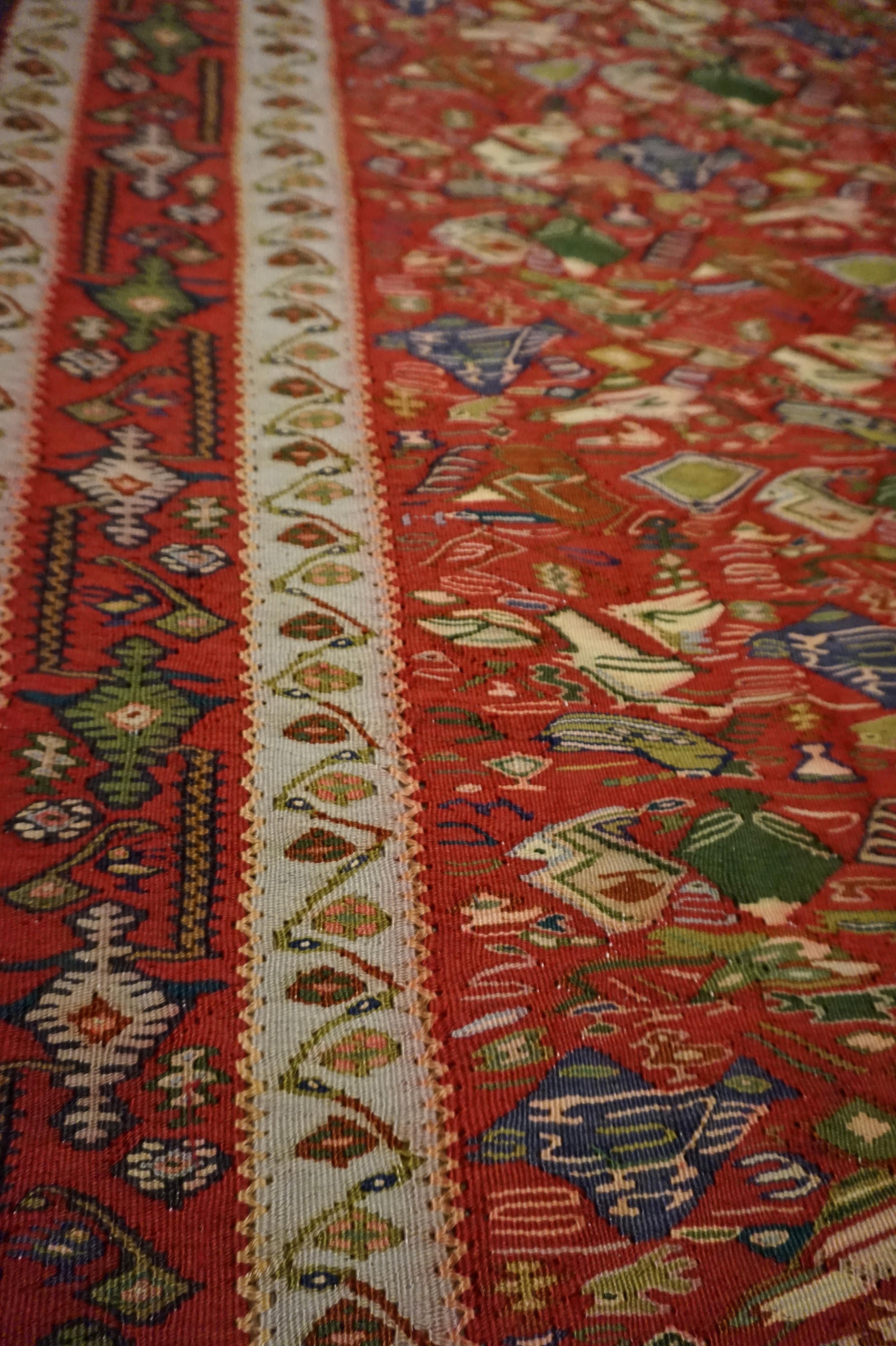 Wool Fine 1940's Senneh Flat-Weave Kurdish Kilim with Vibrant Bird Pattern