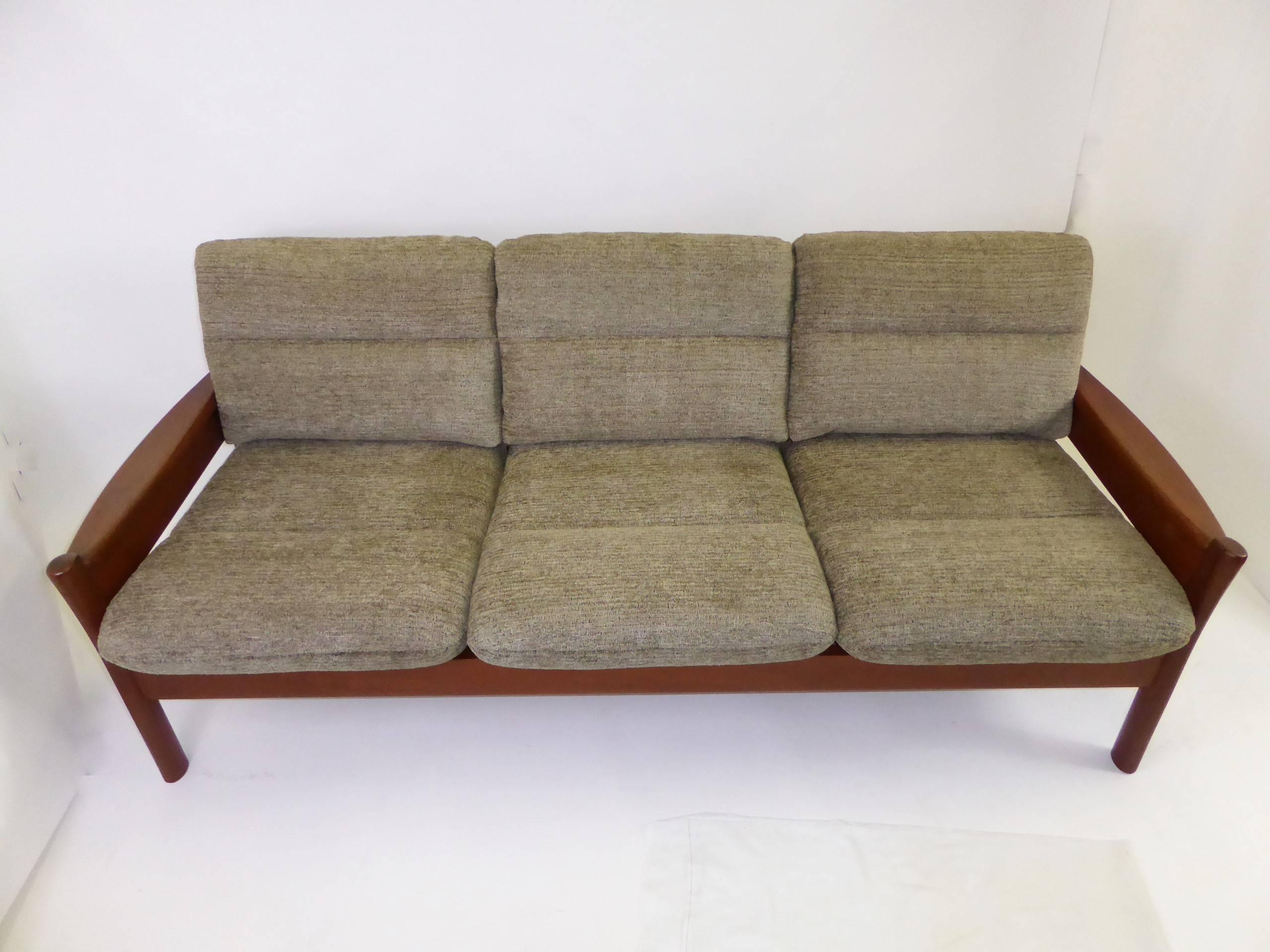 Turned Fine 1960s Dyrlund Teak Sofa Denmark with Chenille Cushions
