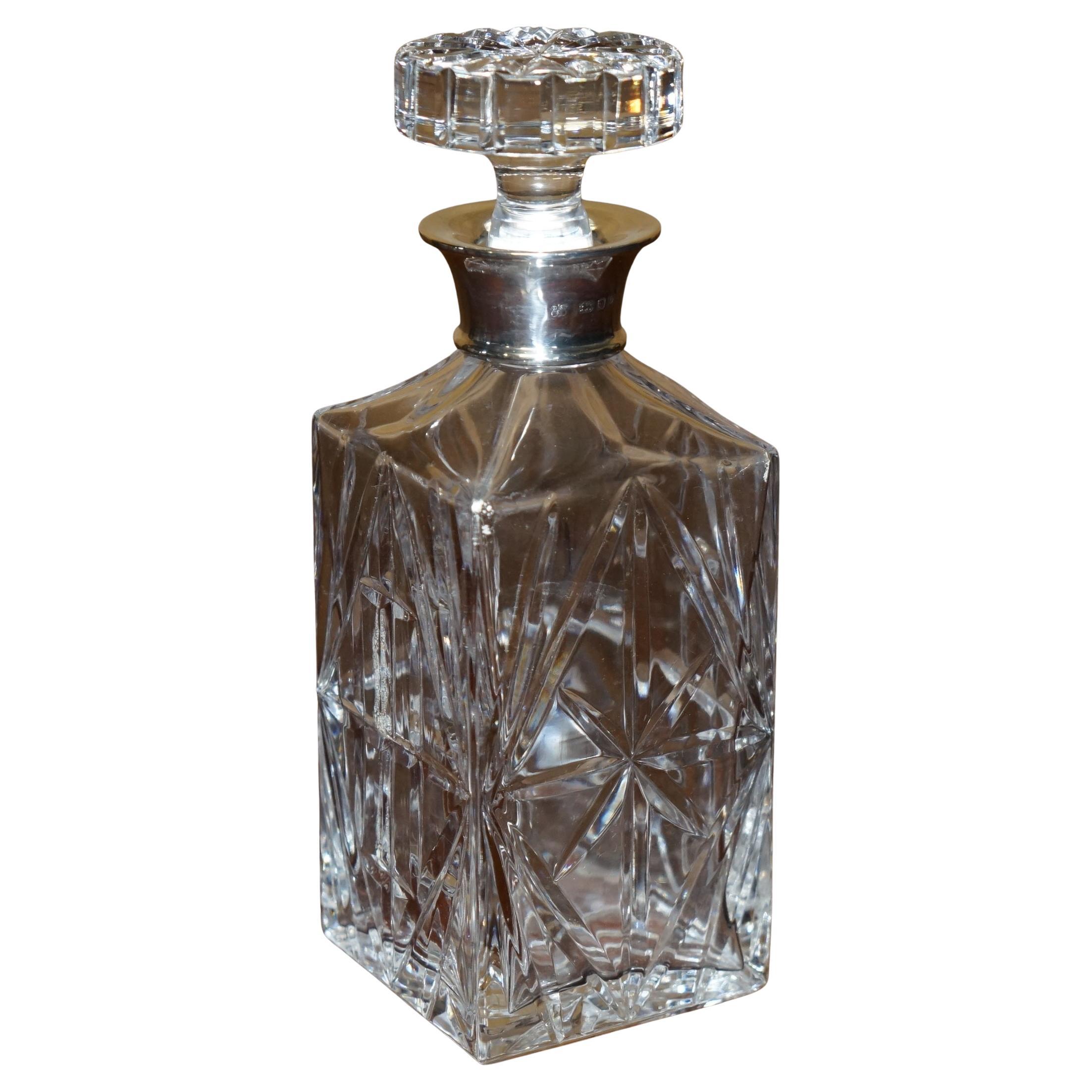 FINE 1978 ANTIQUE DAVID SHAW WHISKY SPIRIT DECANTER WITH STERLiNG SILVER COLLAR