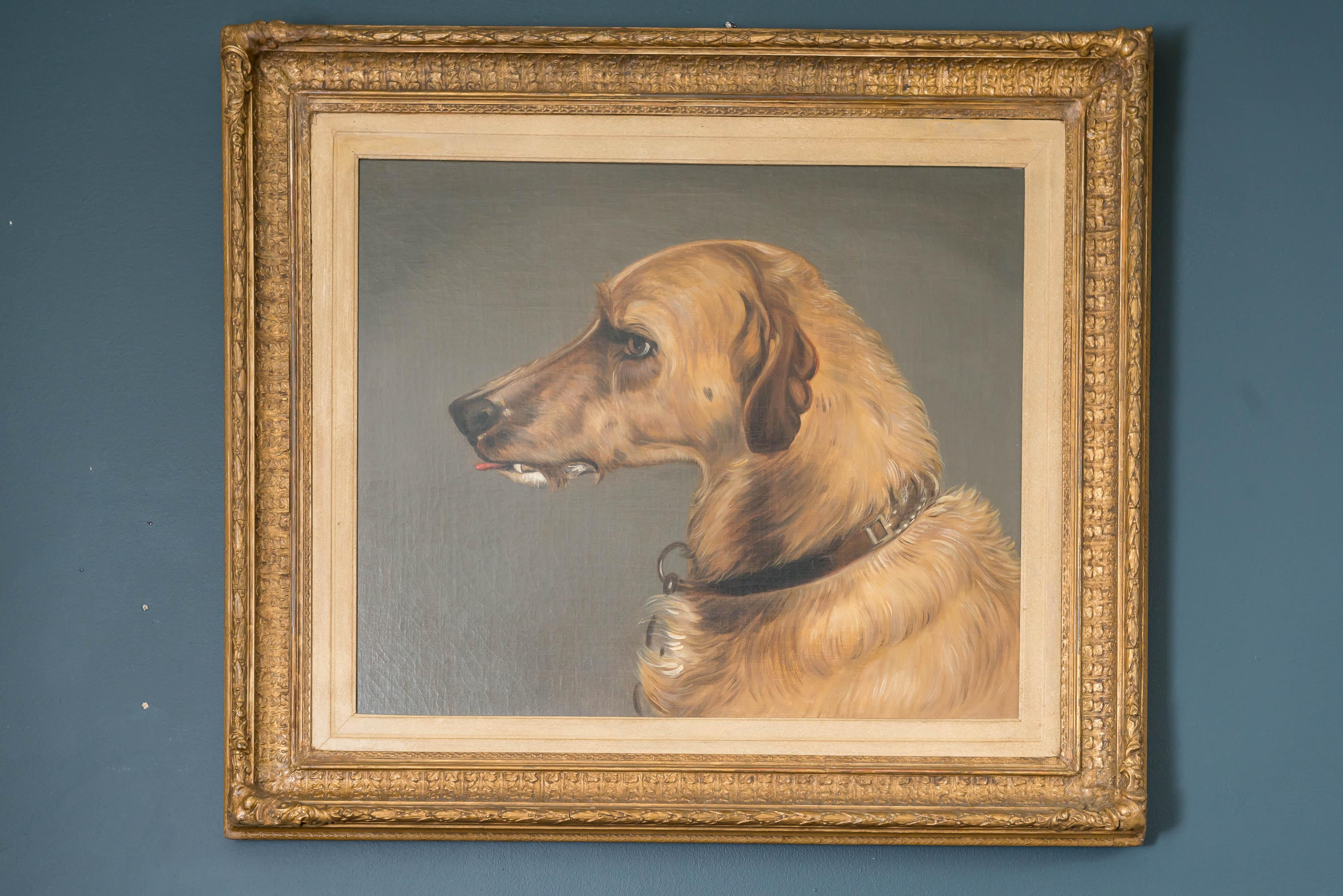 Fine 19th century English oil on canvas: Portrait of a dog, after Edwin Landseer. The verso photo documented, original canvas, Initialed W M May 1882. 
Based on a drawing of Landseer's Scottish deerhound done in circa 1835.
Subsequent engravings