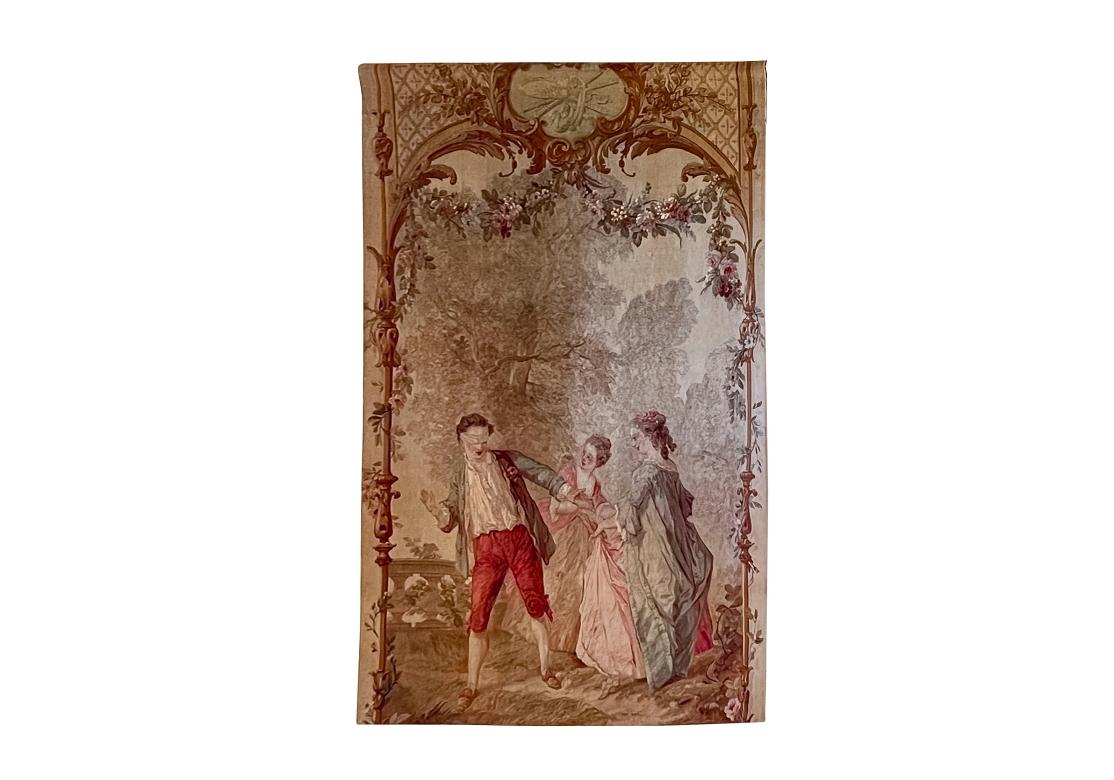 Ein feiner französischer Aubusson-Wandteppich aus dem 19. Jahrhundert, um 1880, zeigt eine reiche und detaillierte Komposition, die außergewöhnliche Kunstfertigkeit präsentiert.  Ein junger Mann und zwei junge Frauen tummeln sich in einem von Blumen