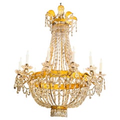 Fine 19th c. Italian Empire Gilt Tole and Crystal Chandelier