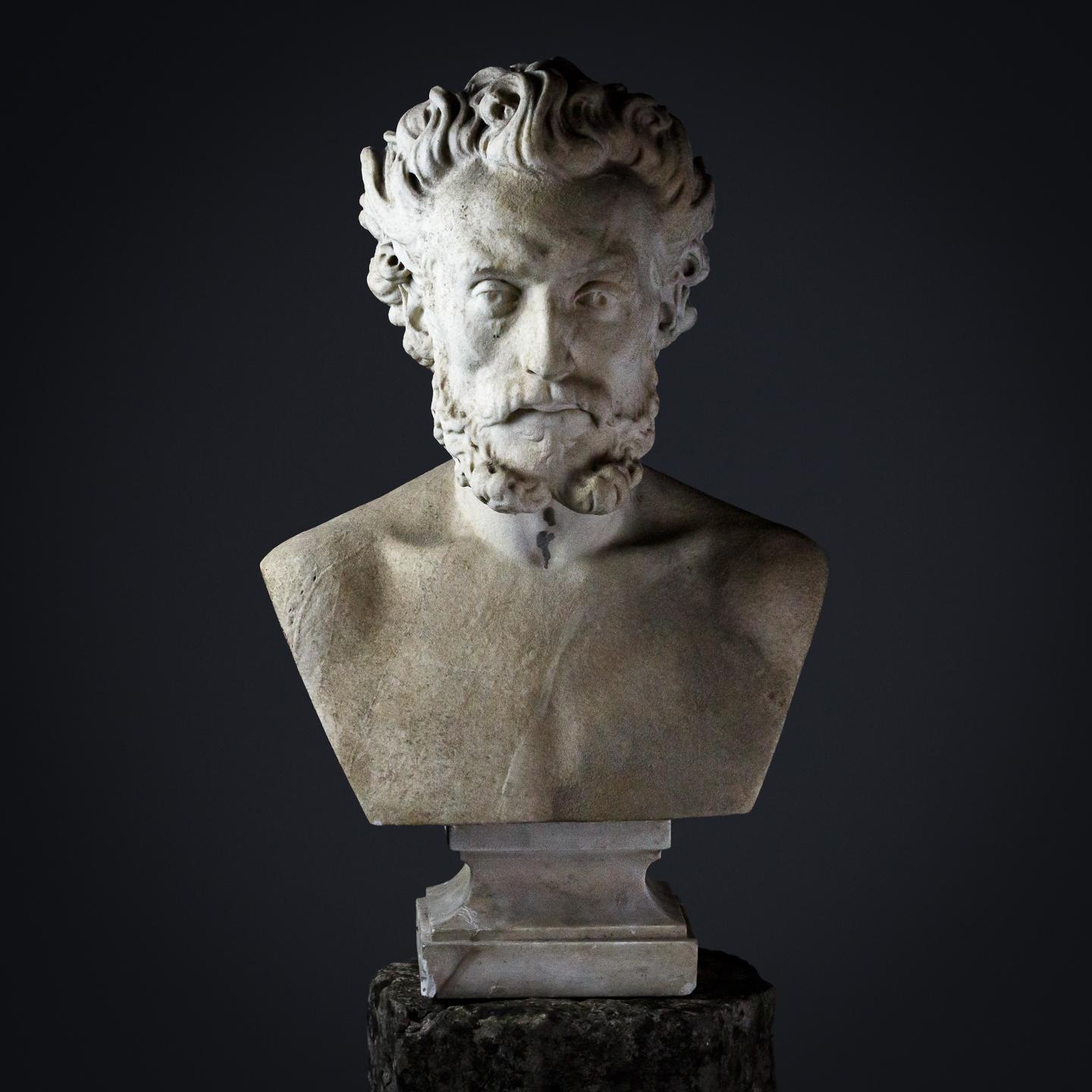 Impressive carved marble bust of a gentleman, light weathering. Beautifully executed and detailed. Italy Circa 1850.