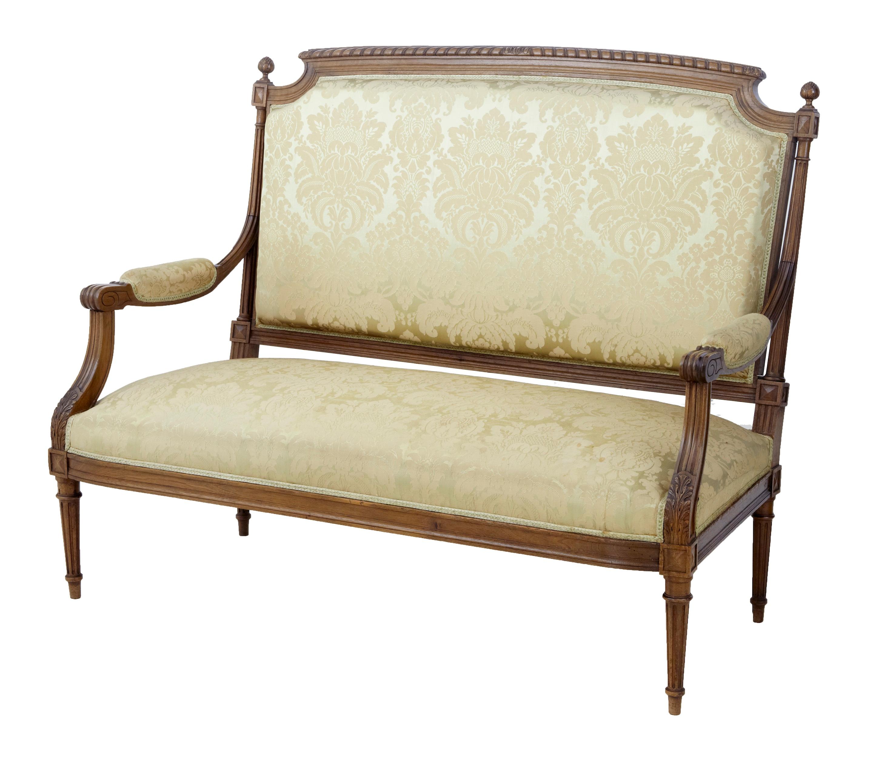 Excellent quality French salon suite, circa 1890.
Set comprises of two armchairs, sofa and two single chairs.
Gadrooned carved back with carved finial detailing. Scrolled arms with acanthus leaf detailing. Standing on fluted legs.
Some light
