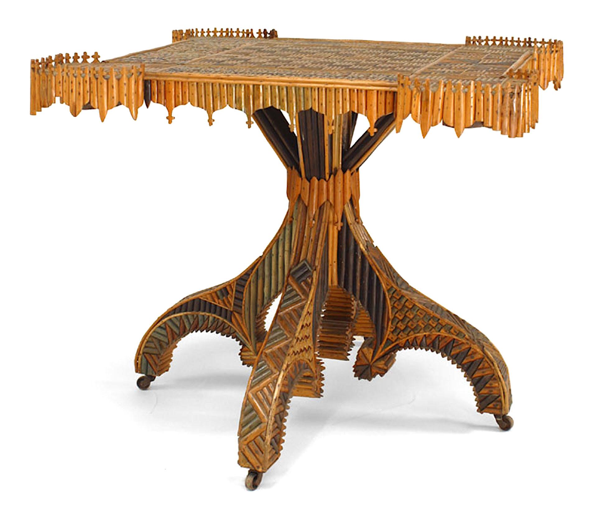 Rustic Continental (19th Century) twig inlaid square pedestal base game table with chess / checkerboard top and gallery corners.
