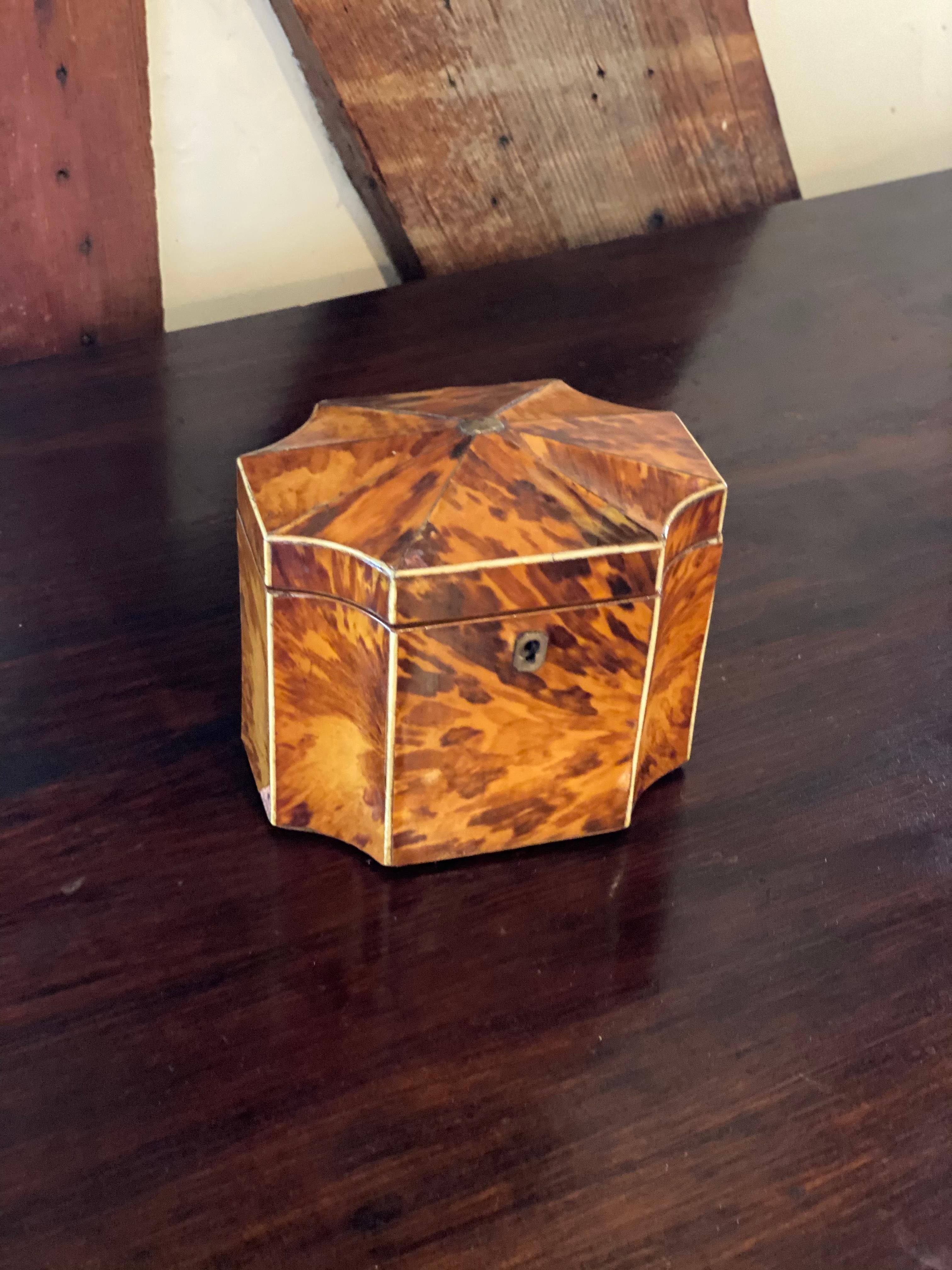 Fine 19th Century English Bone Inlaid and Shaped Tortoise Shell Tea Caddy In Good Condition In Richmond, VA