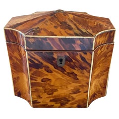 Fine 19th Century English Bone Inlaid and Shaped Tortoise Shell Tea Caddy