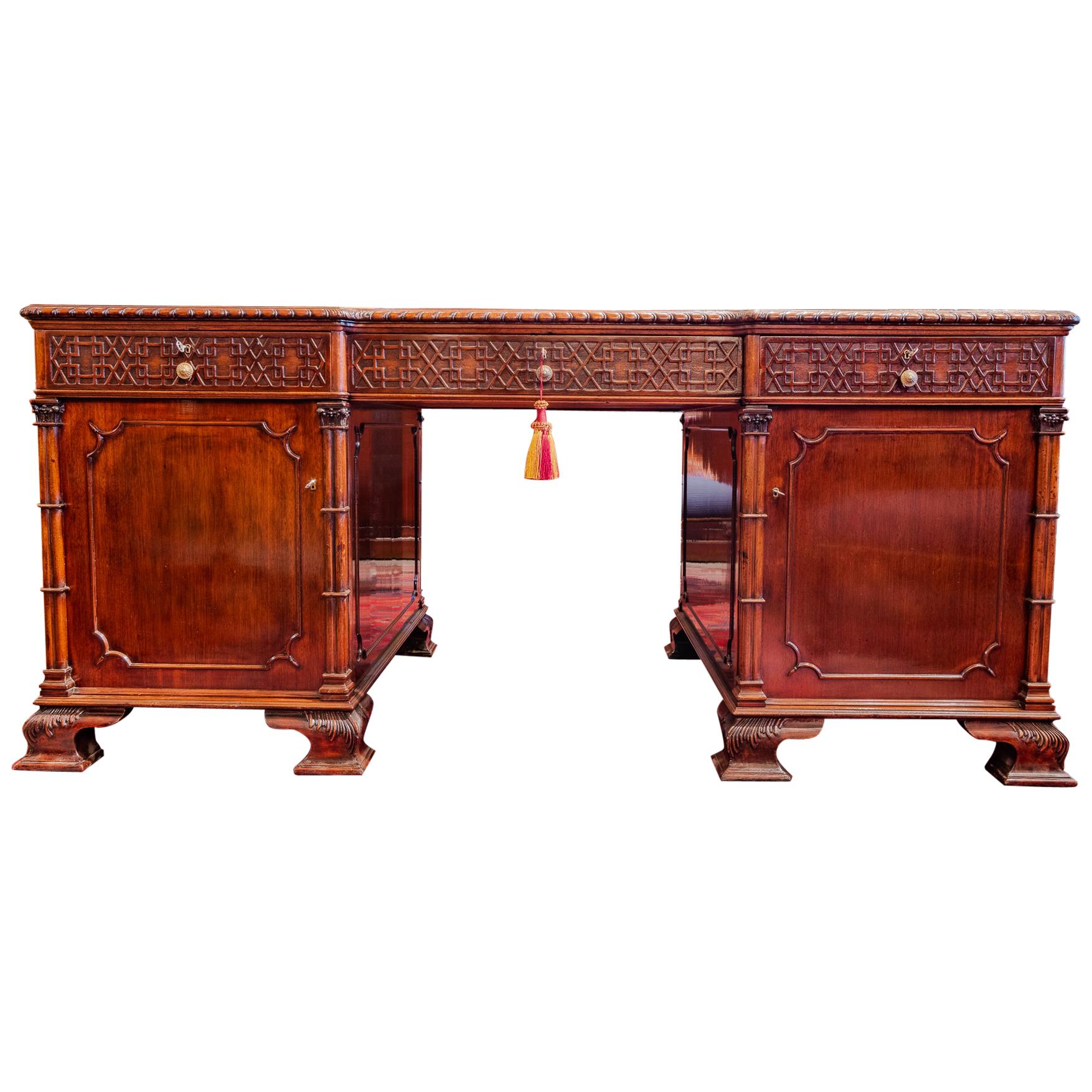 Fine 19th Century English Chinese Chippendale Mahogany Partners Desk