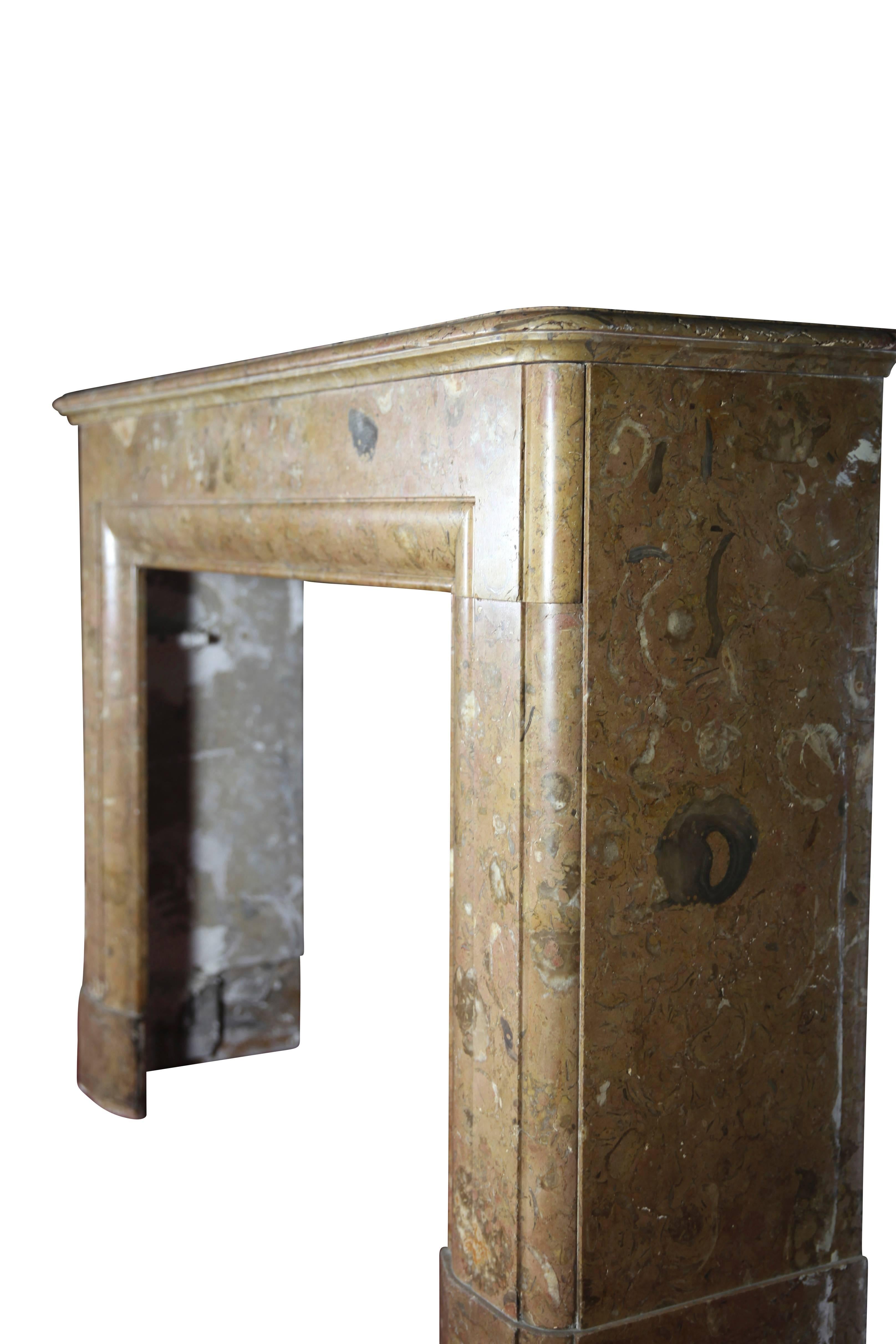 This Louis XIV style fireplace surround, in colored marble is a pre-Art Deco style. The straight line and round corner are typical of that period. Works also perfect in a contemporary or modern timeless interior design concept with beautiful modern
