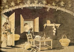 Splendido pannello ricamato con motivi figurativi su seta, del XIX secolo, con cornice dorata.