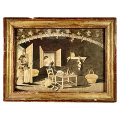 Fine 19th-Century European Silk Pictorial Embroidery Panel in Gilded Frame.