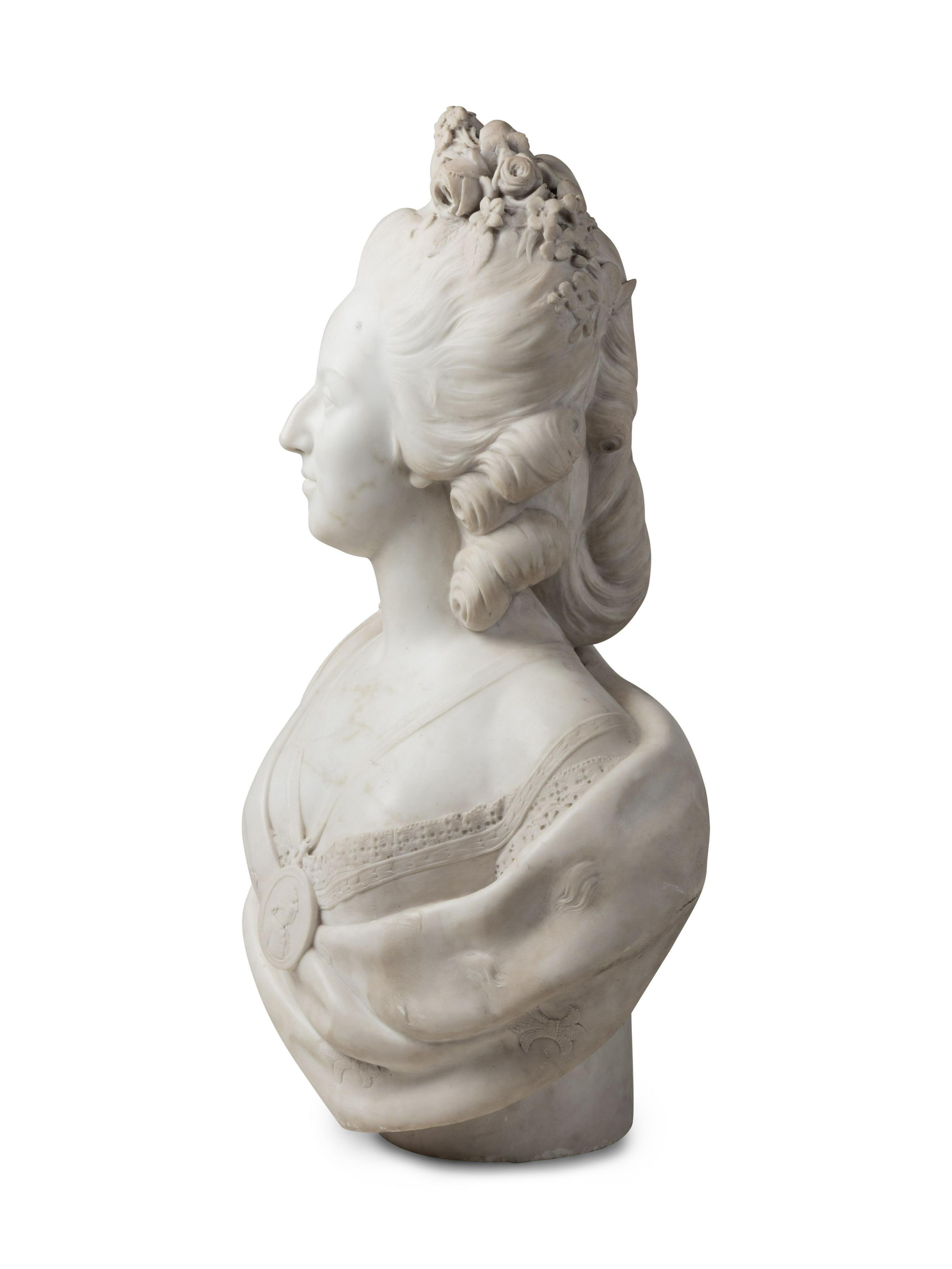 Fine and large 19th century Carrara marble bust of Marie Antoinette.