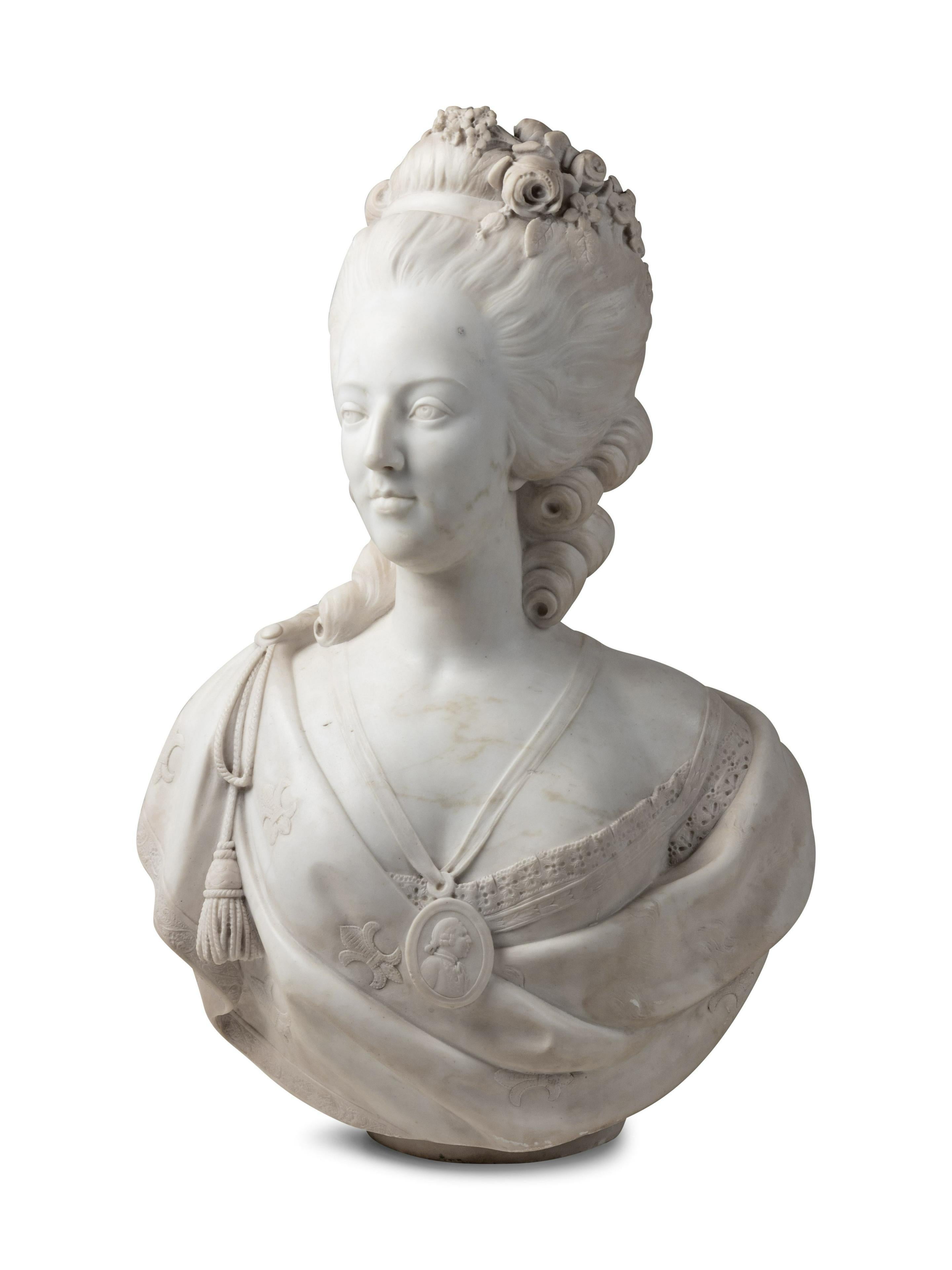 Hand-Carved Fine 19th Century French Louis VXI Carrara Marble Bust of Marie Antoinette