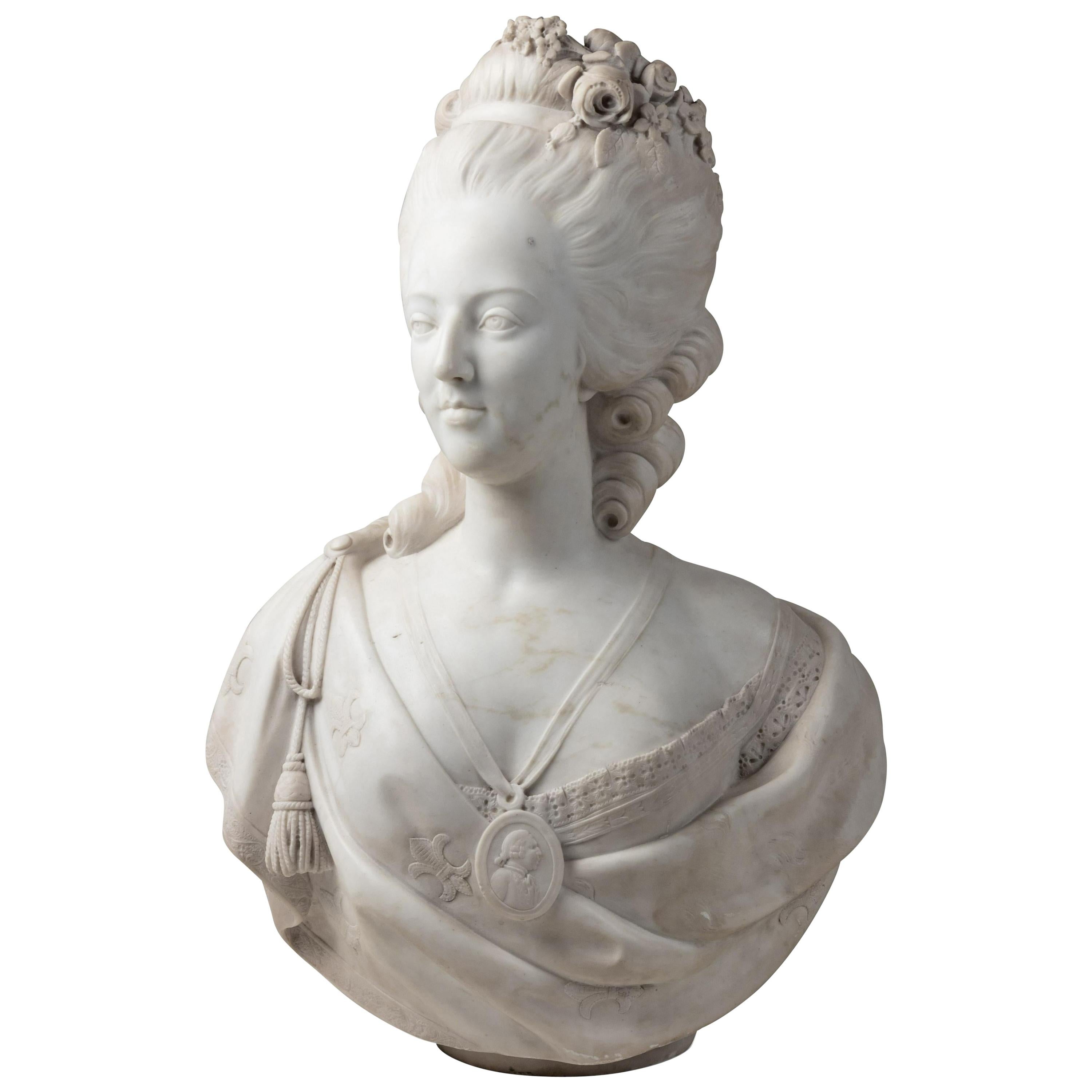 Fine 19th Century French Louis VXI Carrara Marble Bust of Marie Antoinette