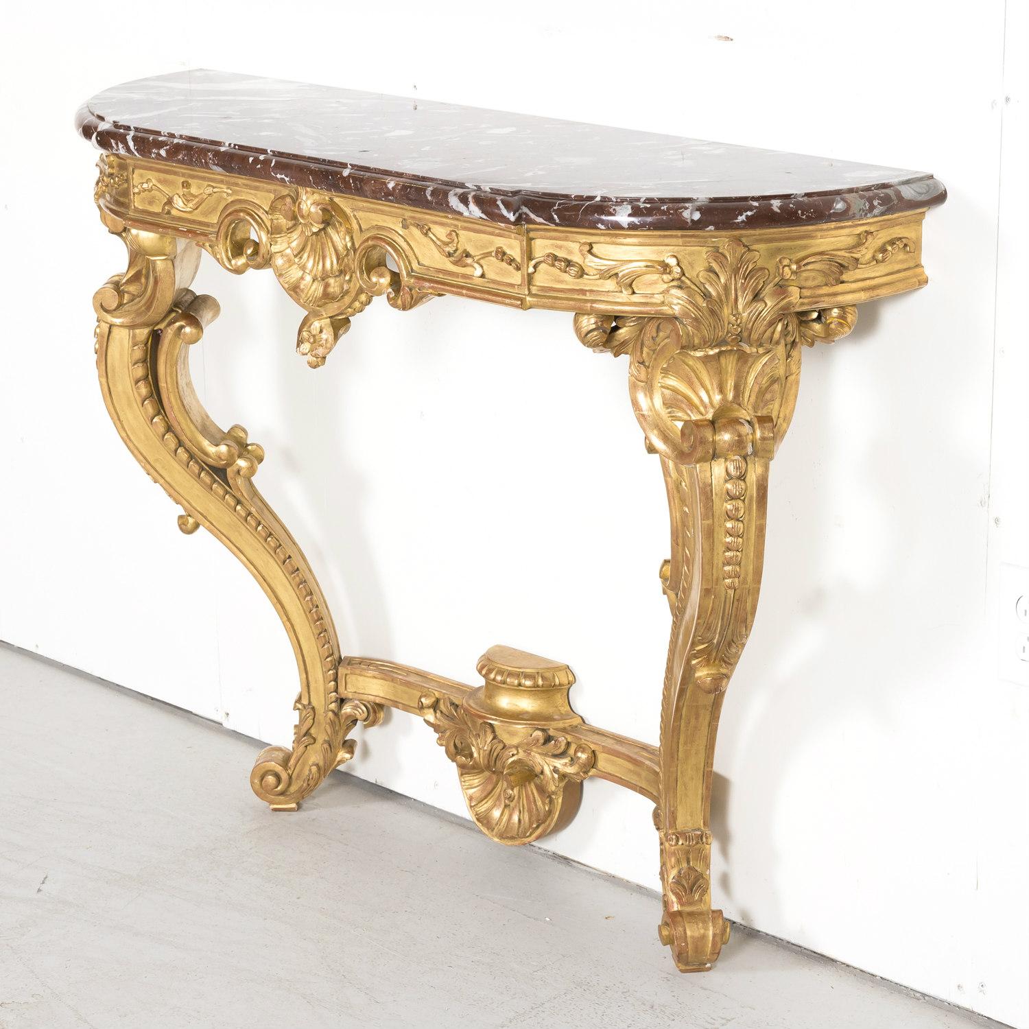 Fine 19th Century French Louis XV Rococo Style Giltwood Wall Console with Marble For Sale 7