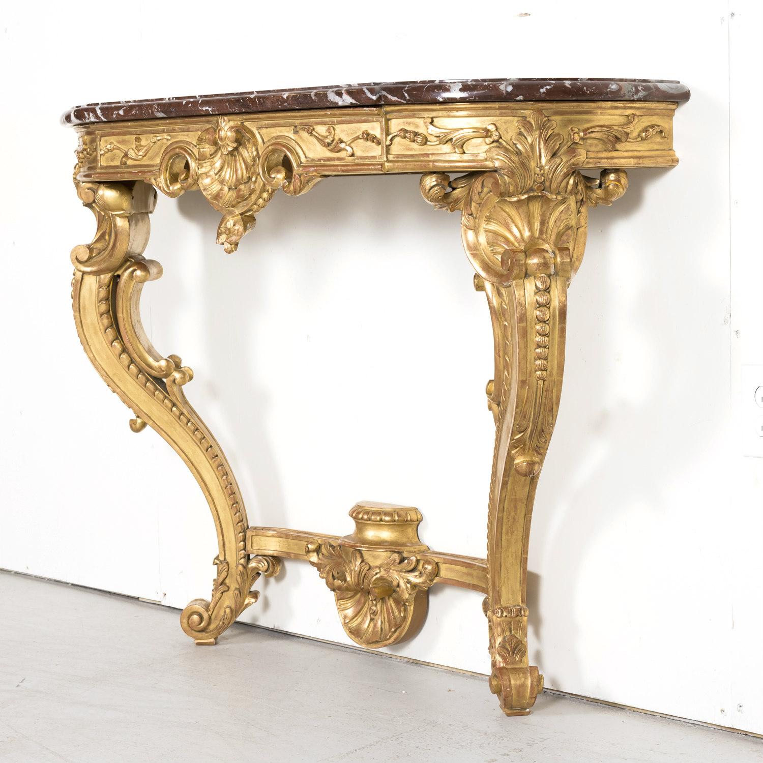 Fine 19th Century French Louis XV Rococo Style Giltwood Wall Console with Marble For Sale 8