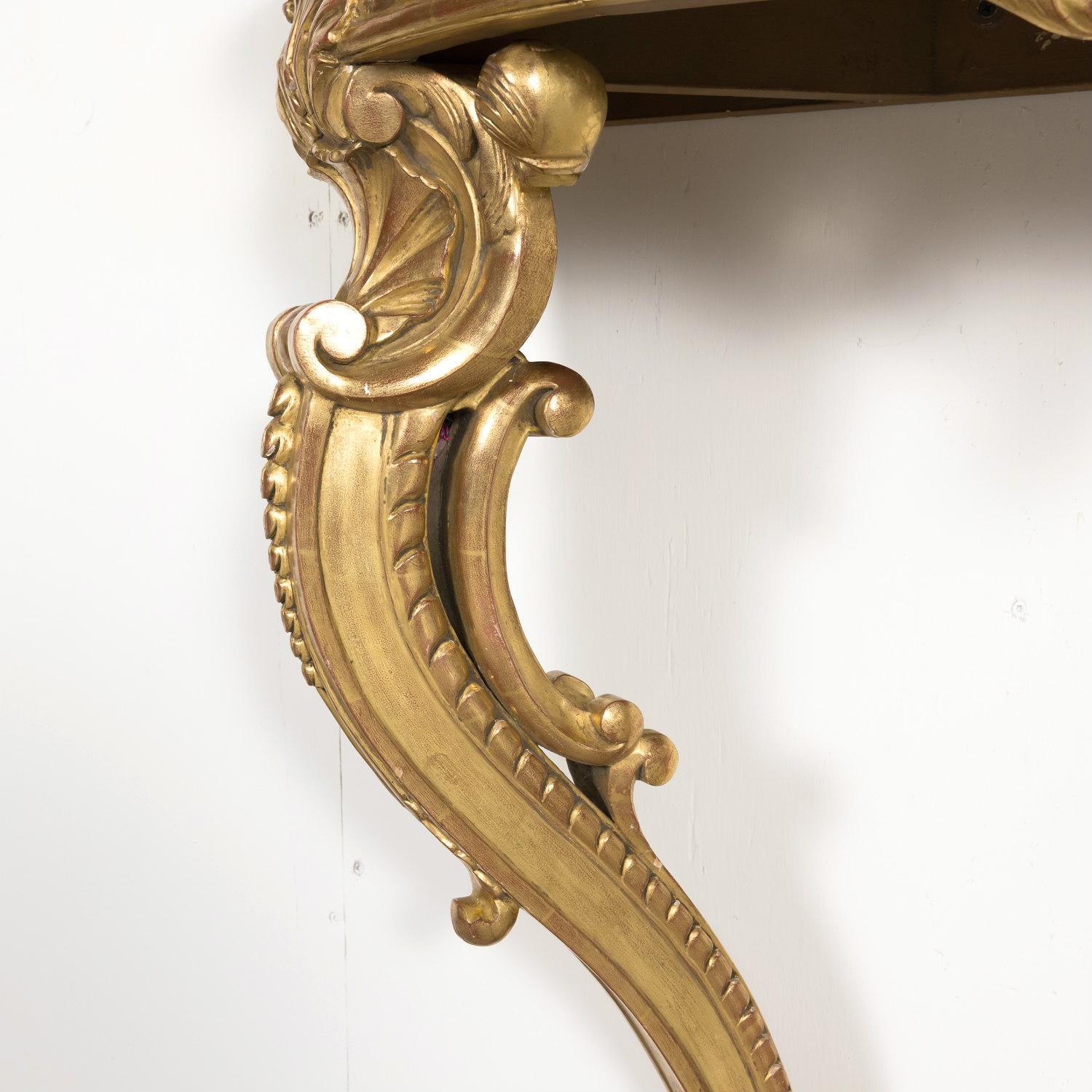 Fine 19th Century French Louis XV Rococo Style Giltwood Wall Console with Marble For Sale 9