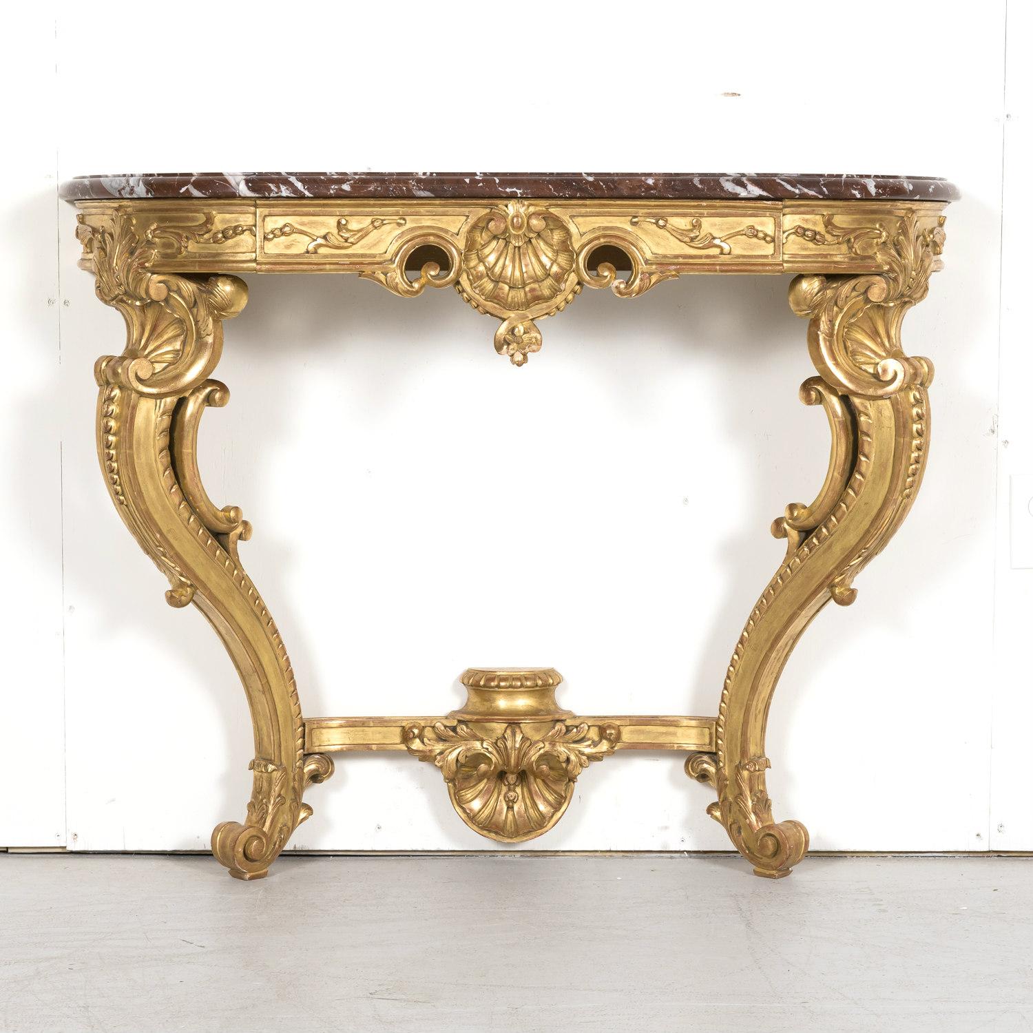 Fine 19th Century French Louis XV Rococo Style Giltwood Wall Console with Marble In Good Condition For Sale In Birmingham, AL