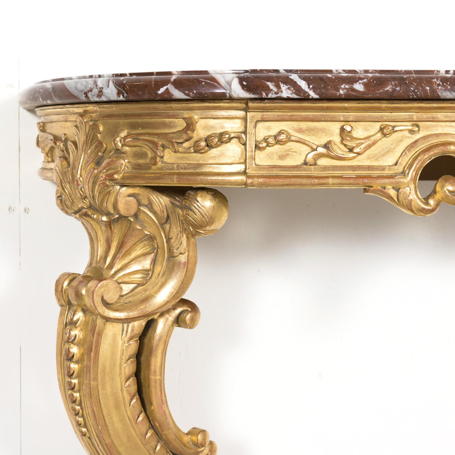 Late 19th Century Fine 19th Century French Louis XV Rococo Style Giltwood Wall Console with Marble For Sale