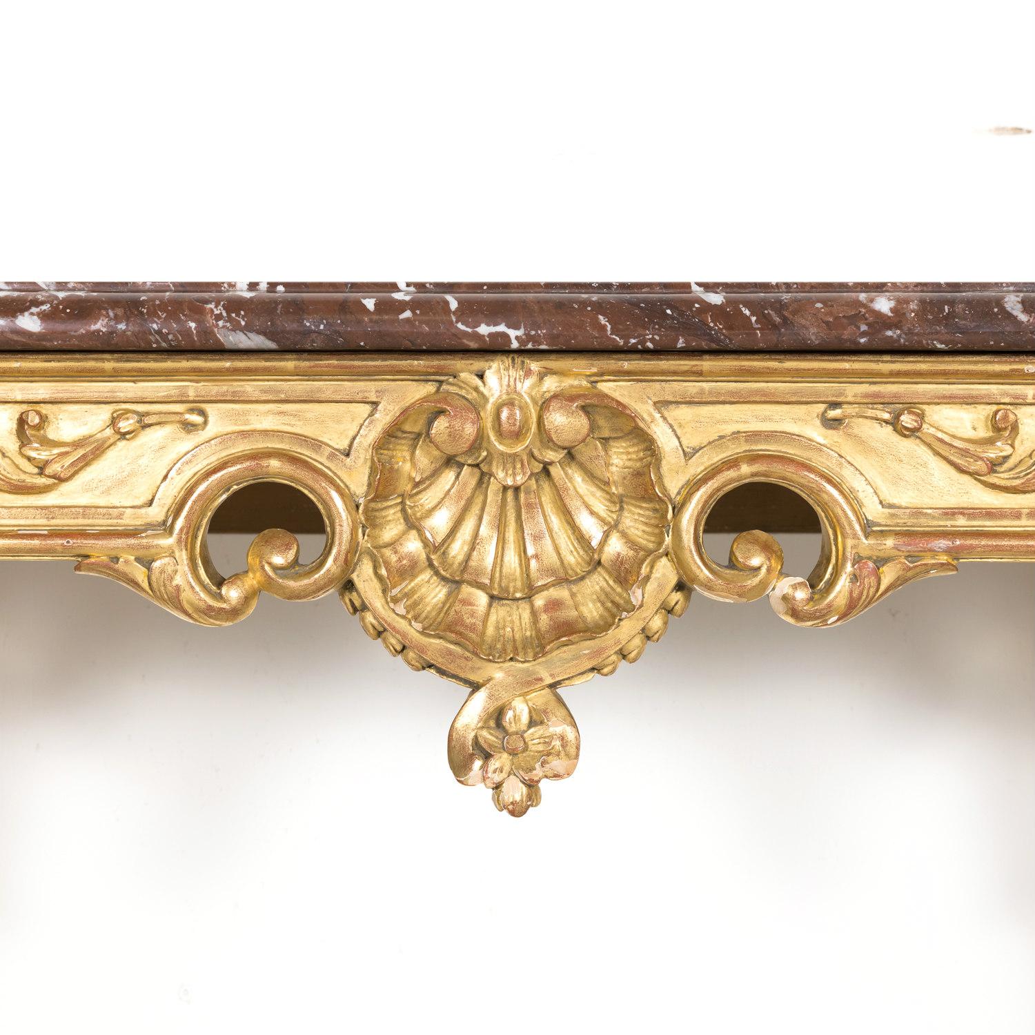 Fine 19th Century French Louis XV Rococo Style Giltwood Wall Console with Marble For Sale 1