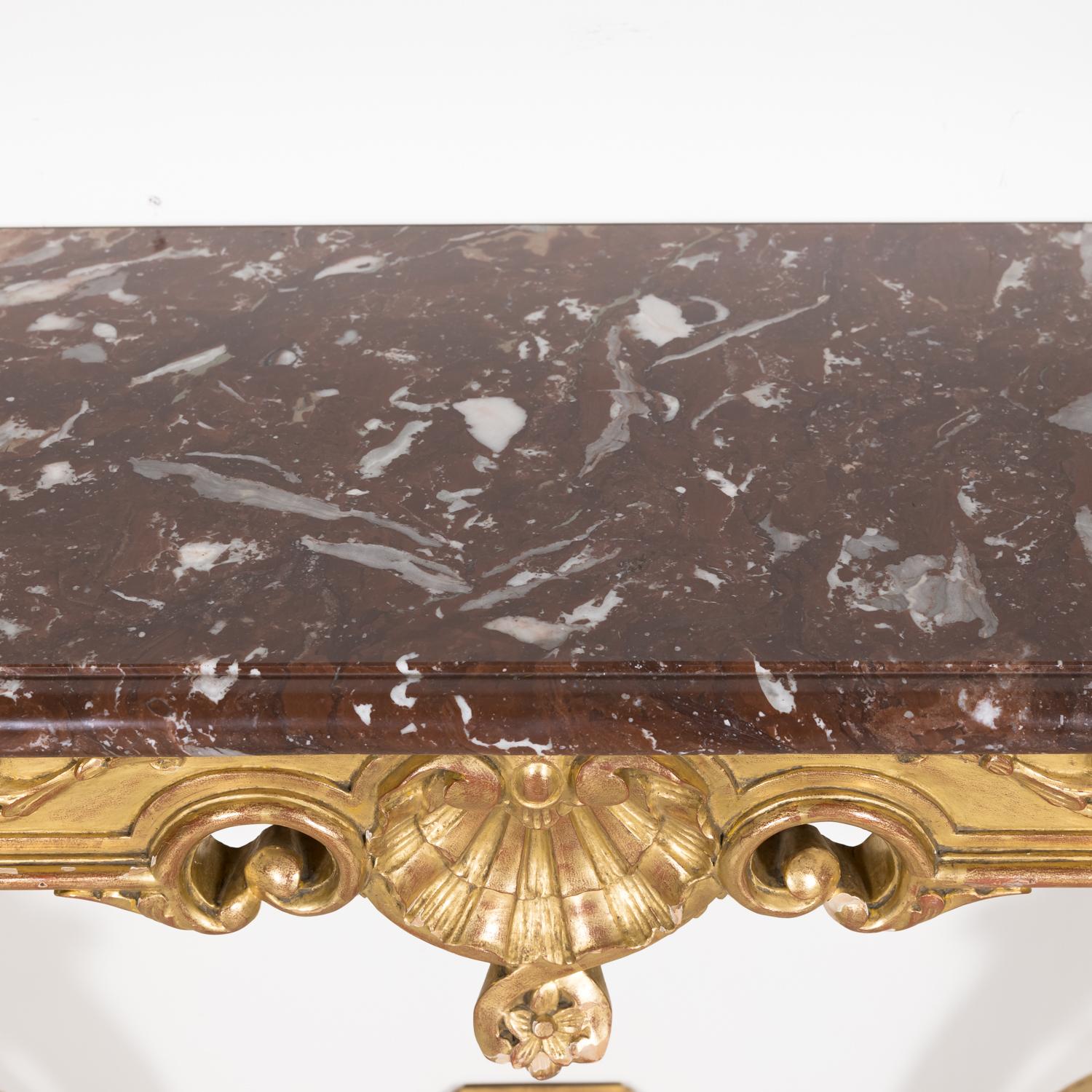 Fine 19th Century French Louis XV Rococo Style Giltwood Wall Console with Marble For Sale 2