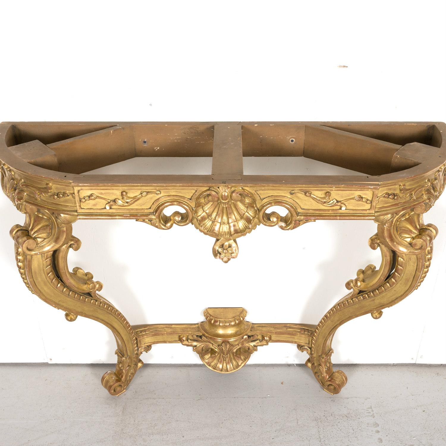 Fine 19th Century French Louis XV Rococo Style Giltwood Wall Console with Marble For Sale 4