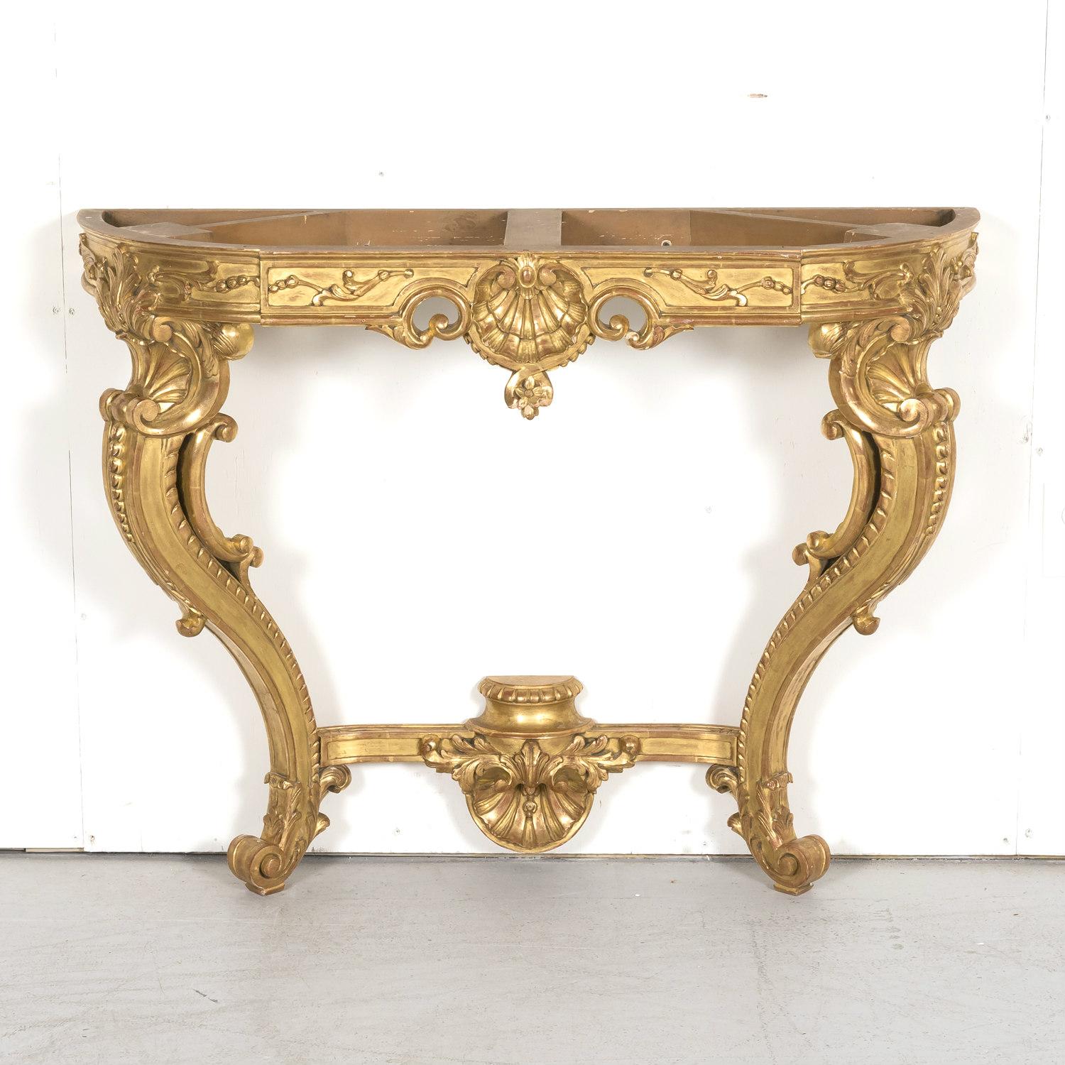 Fine 19th Century French Louis XV Rococo Style Giltwood Wall Console with Marble For Sale 5