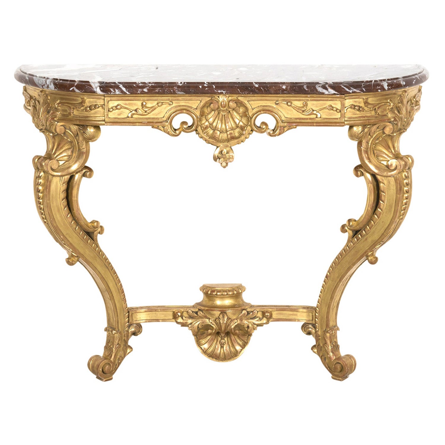 Fina Consola de Pared de Madera Dorada Estilo Luis XV Rococo Francés del Siglo XIX con Mármol
