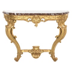 Fina Consola de Pared de Madera Dorada Estilo Luis XV Rococo Francés del Siglo XIX con Mármol