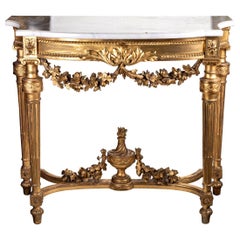 Fine 19th Century French Louis XVI Gilt Carved Console with a Carrara Marble