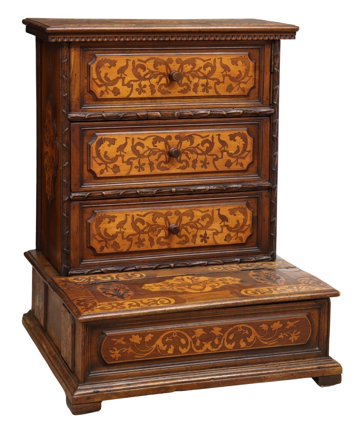 French prayer kneeler (prie-dieu), 19thc., of carved marquetry case, having hinge top opening to velvet lined interior, over two drawers, all above protruding base with lift top, rising on bracket feet, retaining small-stamped disk marked Chardonnay