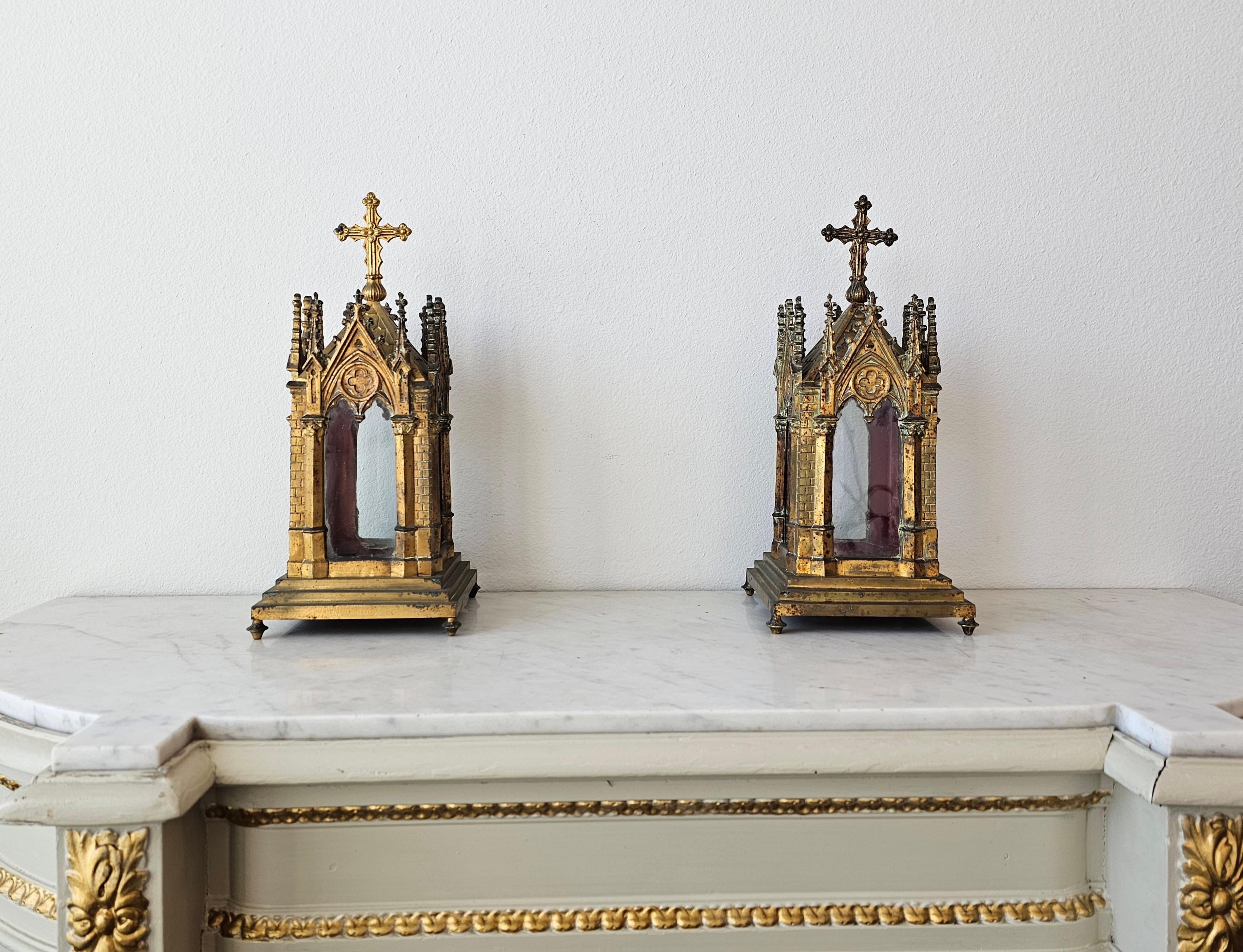 Fine 19th Century French Neo-Gothic Gilt Metal Cathedral Church Reliquary Pair For Sale 11