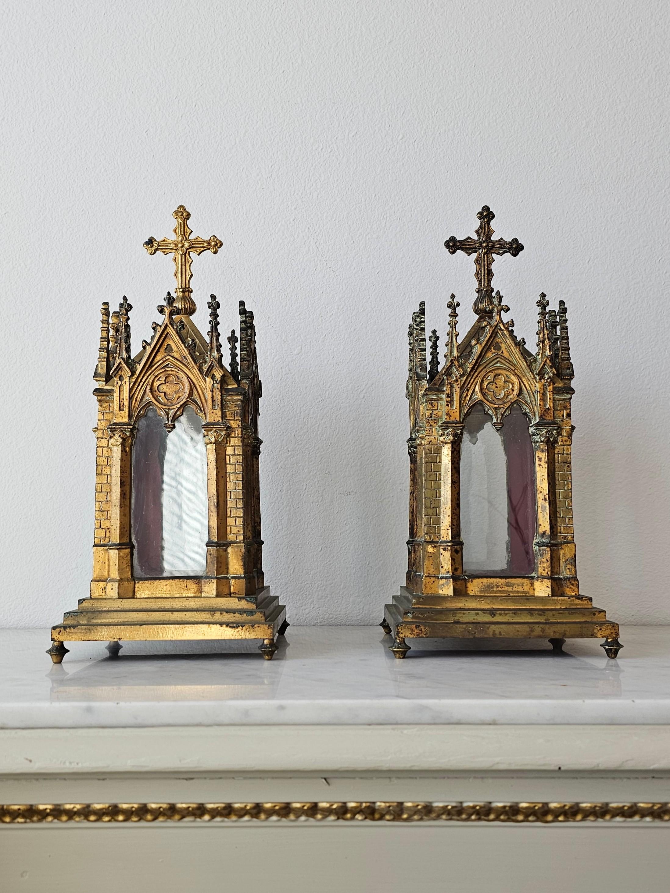Fine 19th Century French Neo-Gothic Gilt Metal Cathedral Church Reliquary Pair For Sale 15