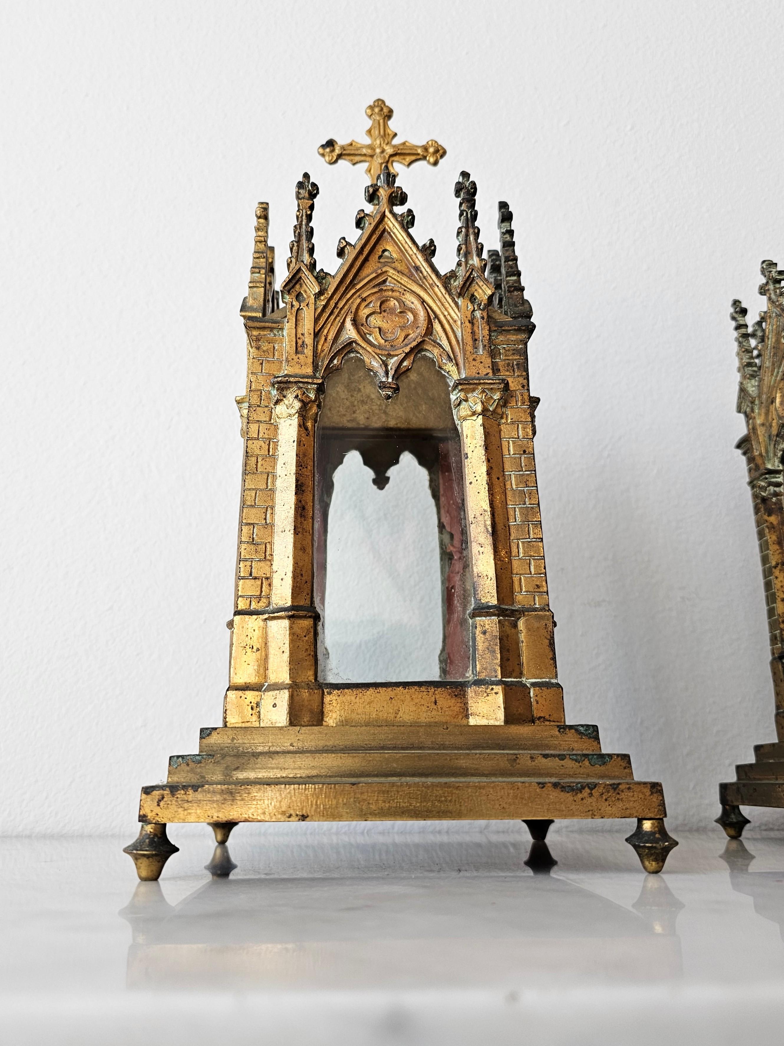 Gothic Revival Fine 19th Century French Neo-Gothic Gilt Metal Cathedral Church Reliquary Pair For Sale
