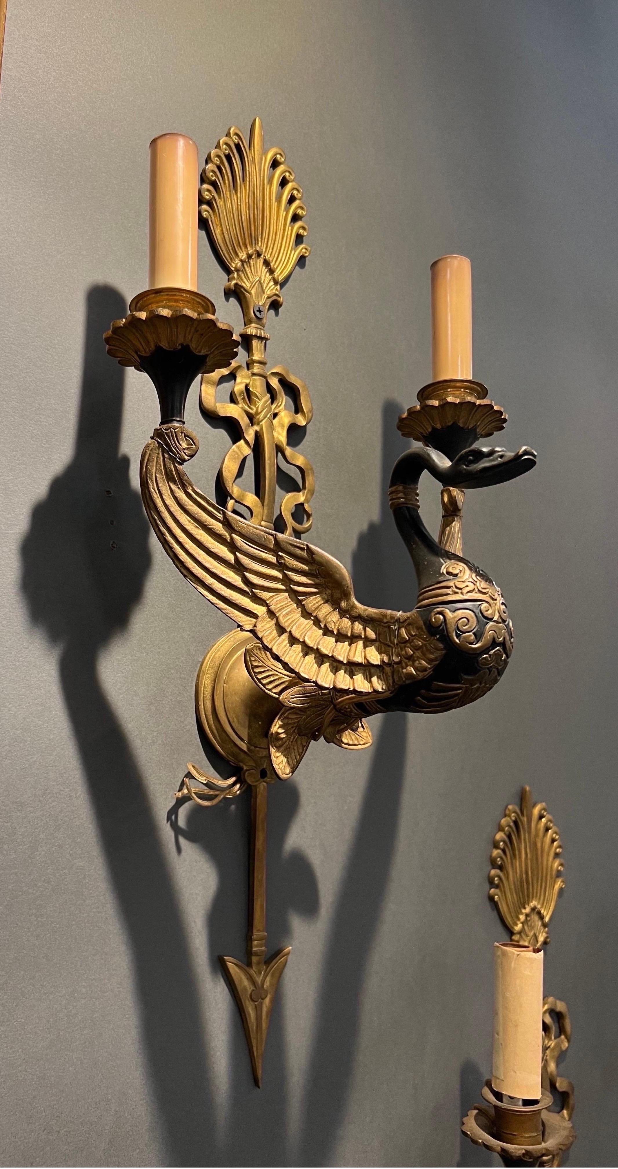 Fine early 19th century French neoclassical / empire swan form sconces. Incredible quality and patina.