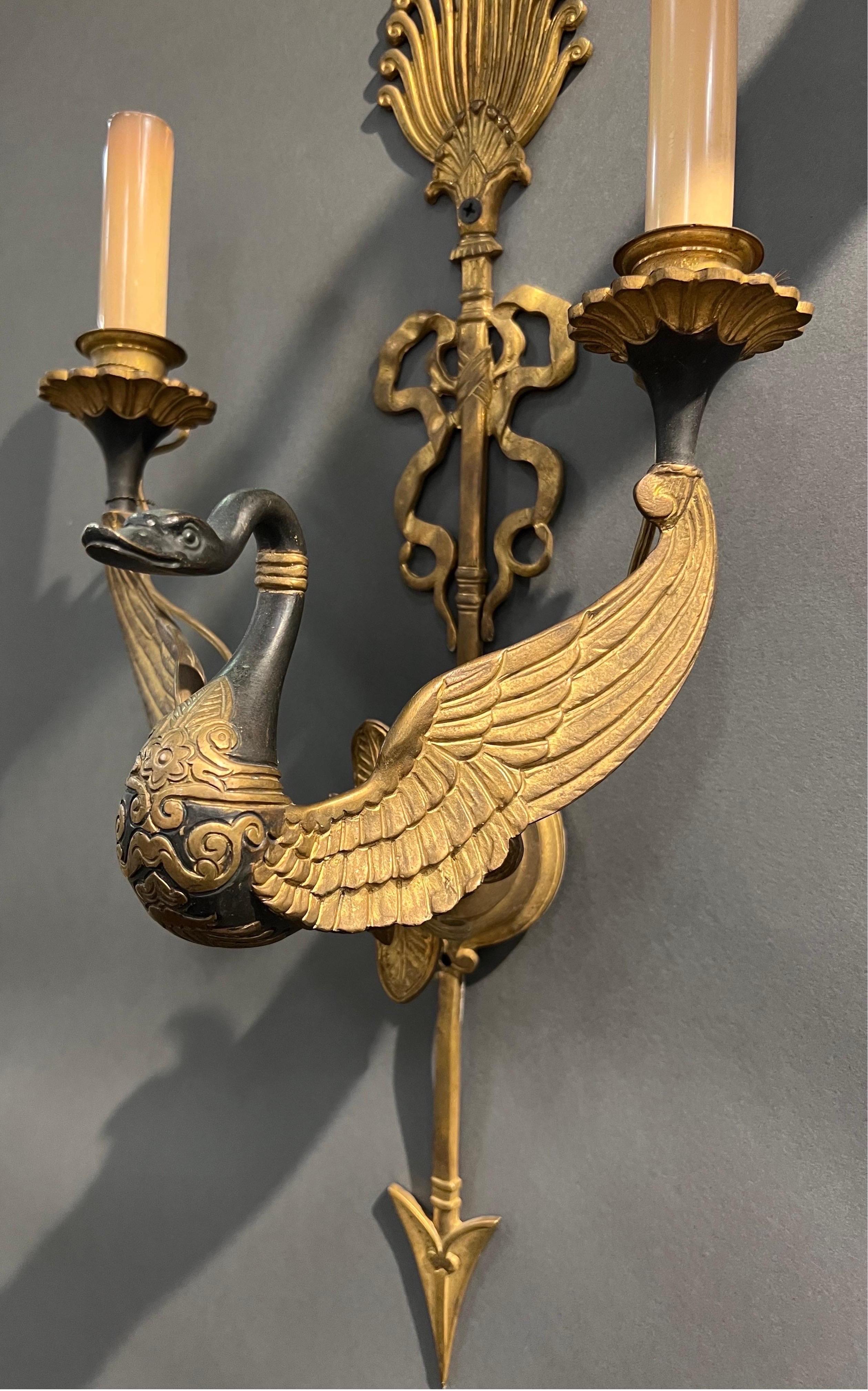 Empire Fine 19th Century French Neoclassical Swan Form Sconces 2 Pair Available  For Sale